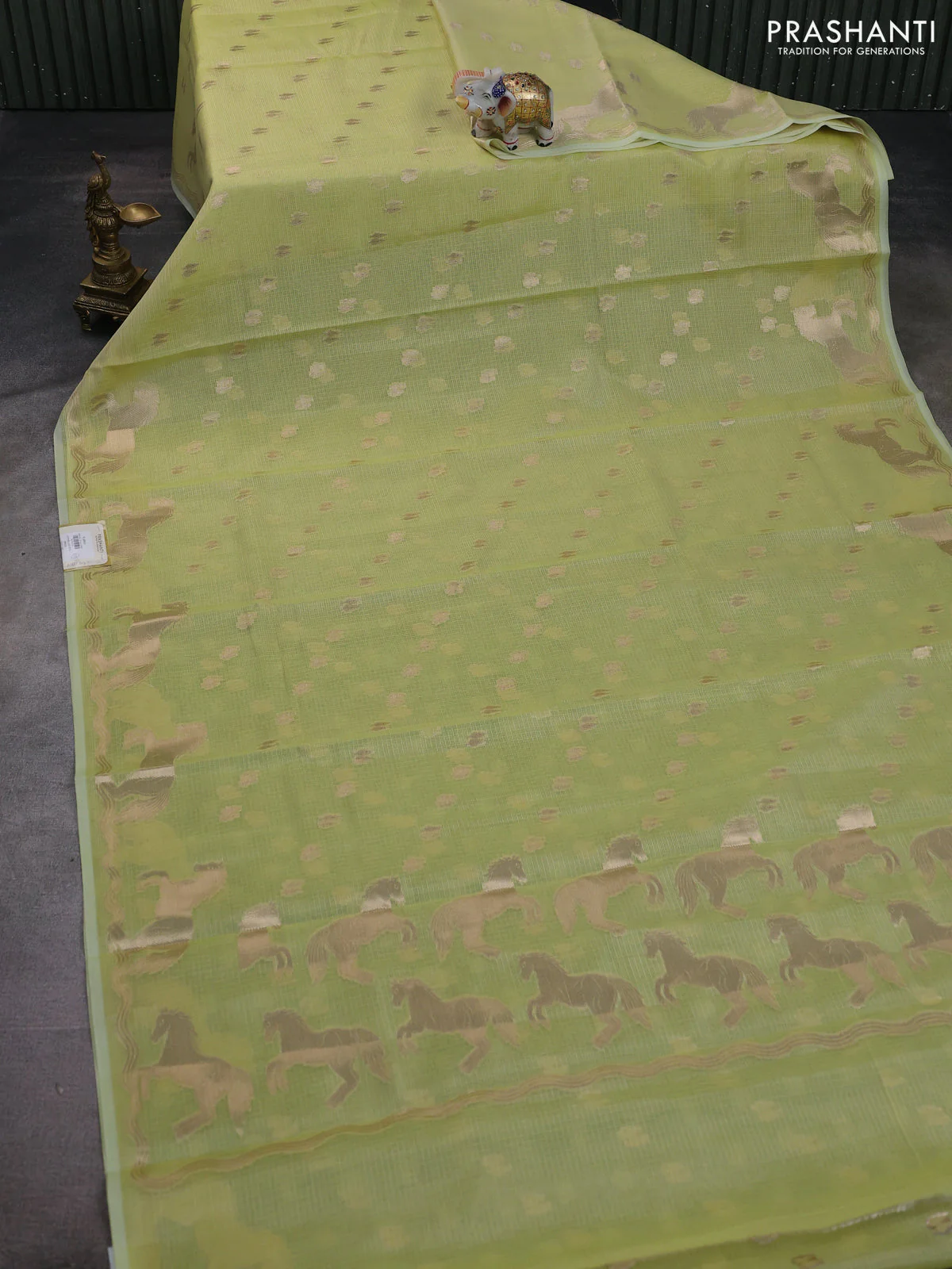 Cotton zari kota saree pista green with allover zari woven buttas and horse zari woven butta border - Image 2
