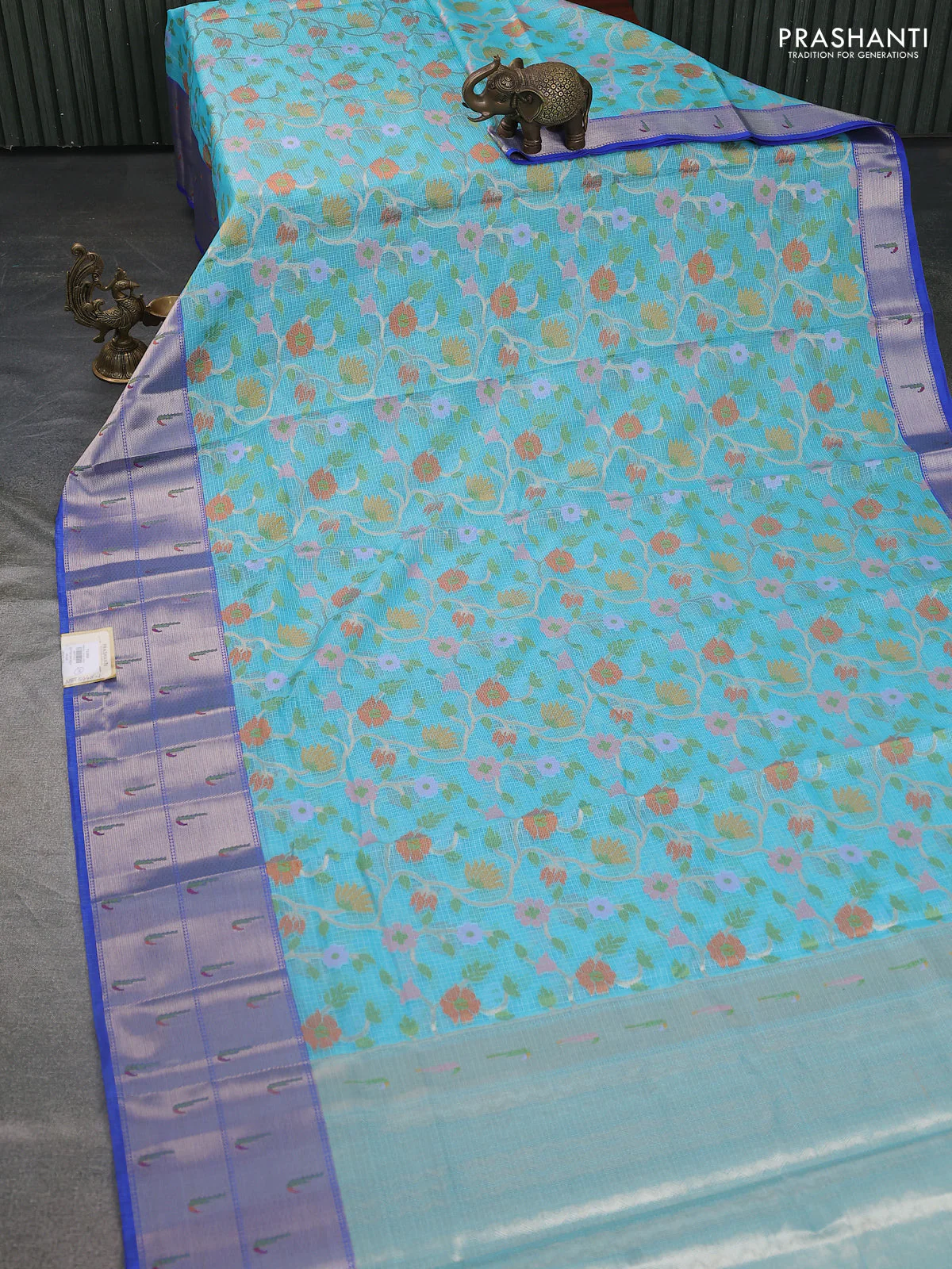 Cotton zari kota saree teal blue and blue with allover floral silver zari weaves and zari woven muniya butta border - Image 2