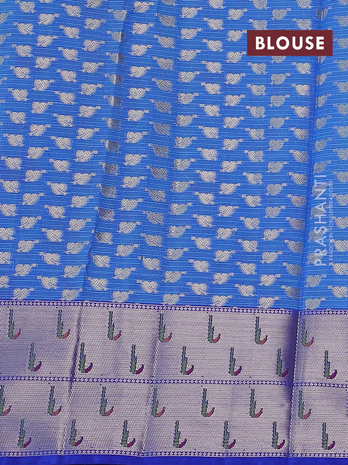 Cotton zari kota saree teal blue and blue with allover floral silver zari weaves and zari woven muniya butta border - Image 3