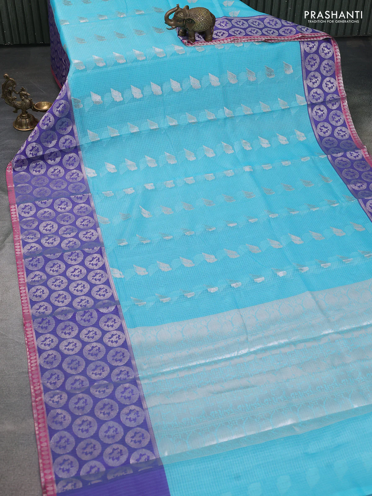 Cotton zari kota saree teal blue and blue with zari woven buttas and long zari woven butta border - Image 2