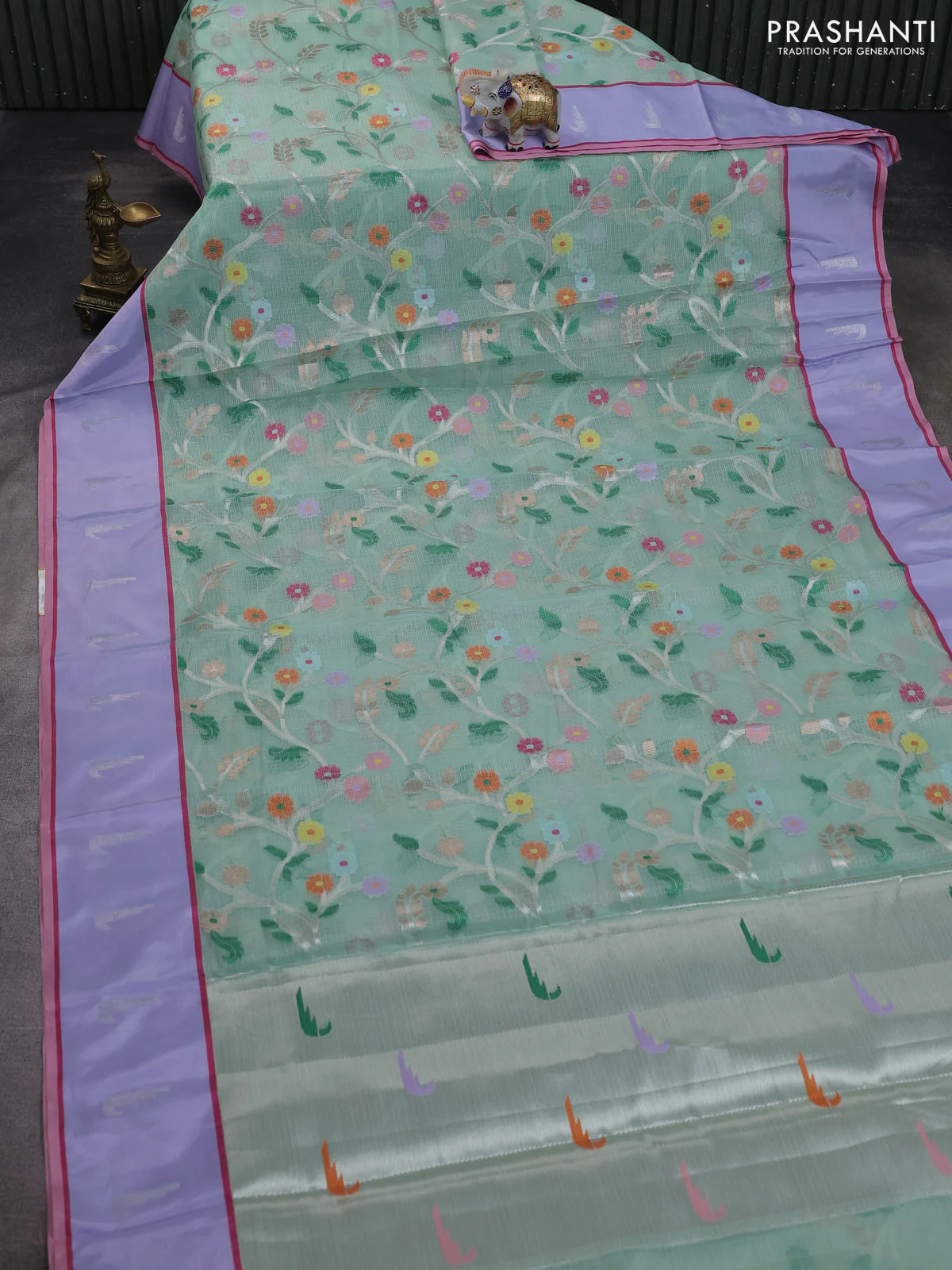 Cotton zari kota saree teal green and lavender with allover silver & gold zari woven buttas and silver zari woven muniya butta border - Image 2