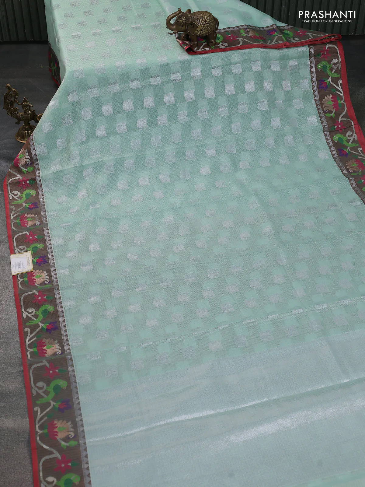 Cotton zari kota saree teal green and maroon with allover silver zari woven buttas and thread & zari woven border - Image 2