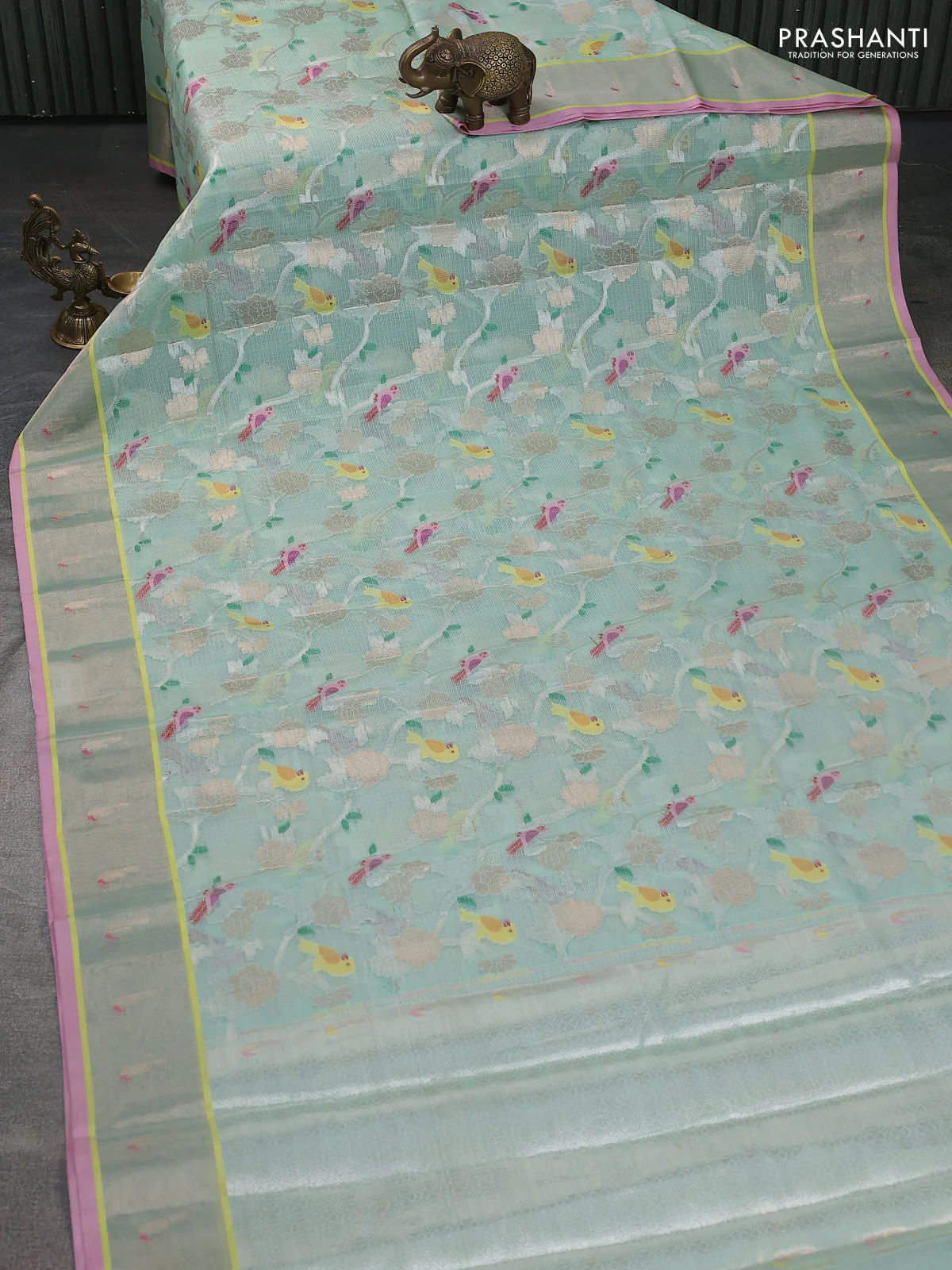 Cotton zari kota saree teal green and peach pink with allover silver & gold zari woven buttas and muniya butta border - Image 2