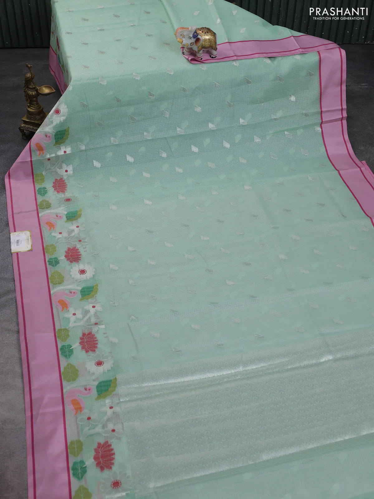 Cotton zari kota saree teal green and peach pink with allover silver zari woven buttas and thread & zari woven border - Image 2