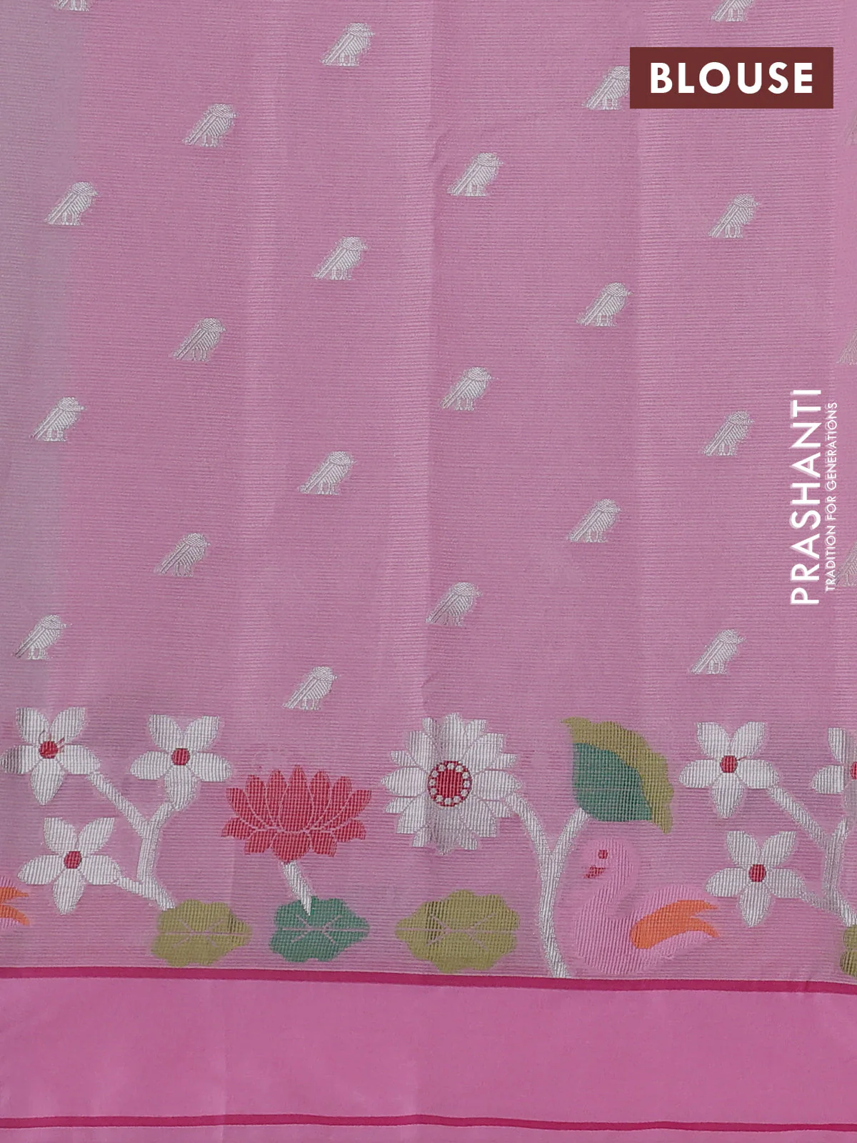 Cotton zari kota saree teal green and peach pink with allover silver zari woven buttas and thread & zari woven border - Image 3