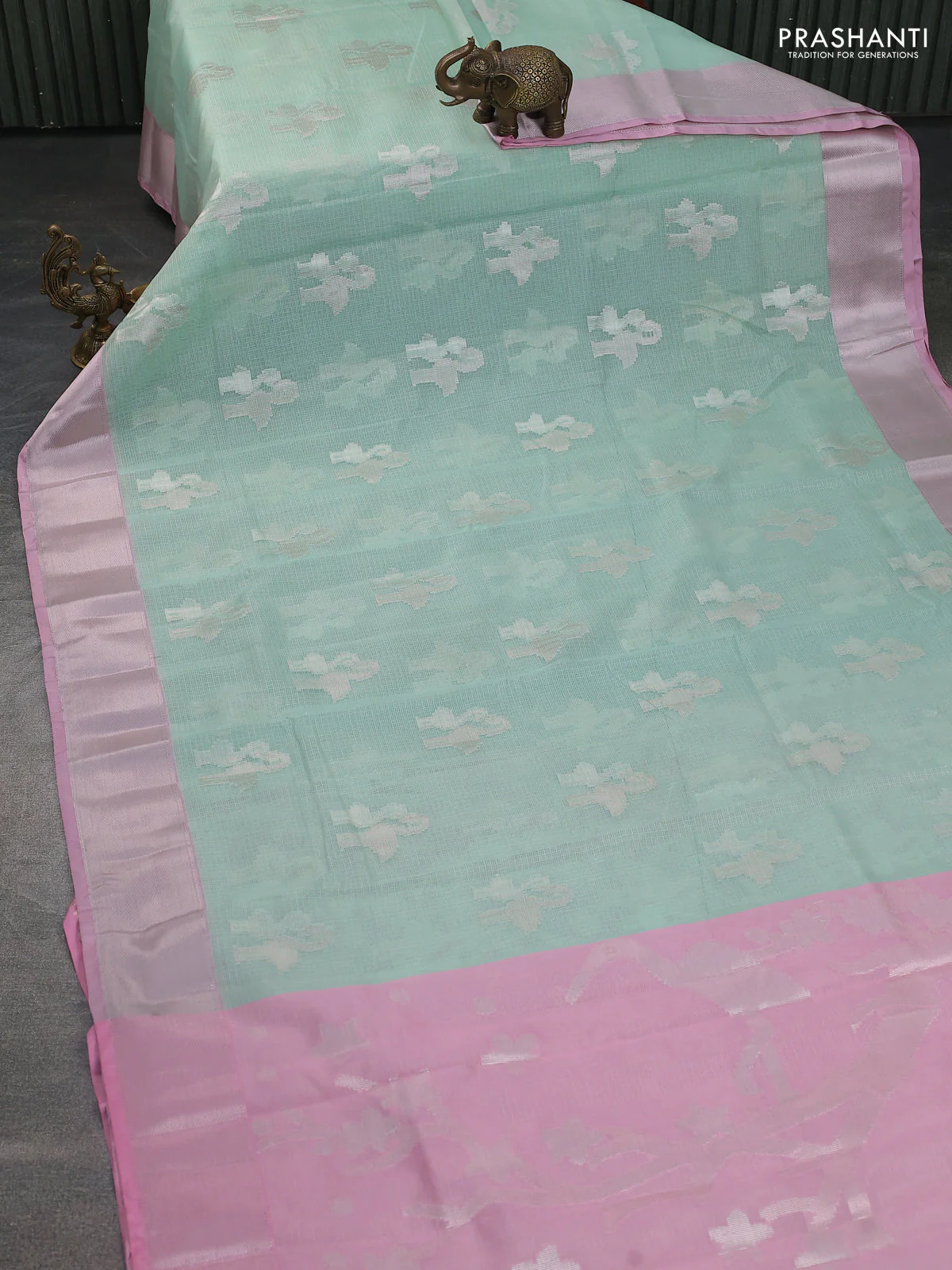 Cotton zari kota saree teal green shade and light pink with silver & gold zari woven buttas and silver zari woven border - Image 2