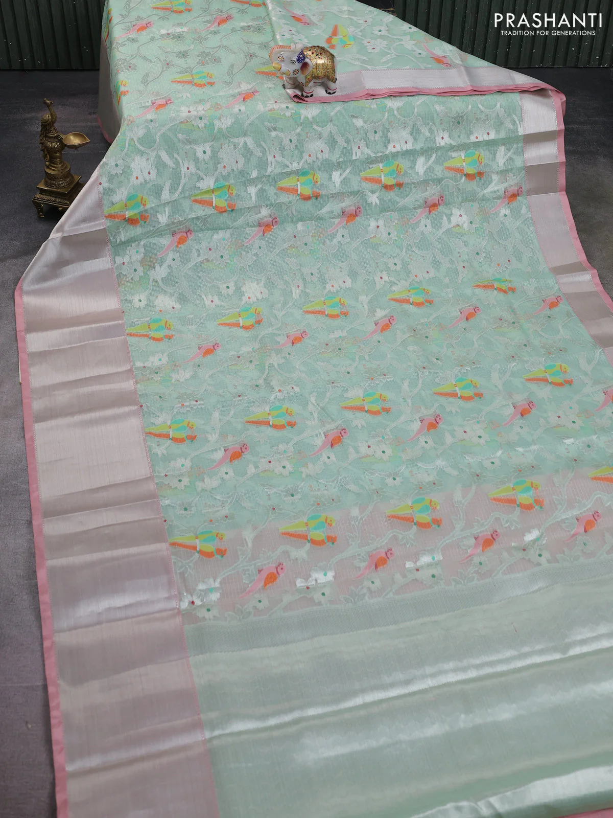 Cotton zari kota saree teal green shade and peach pink with allover thread & silver zari weaves and long silver zari woven border - Image 2