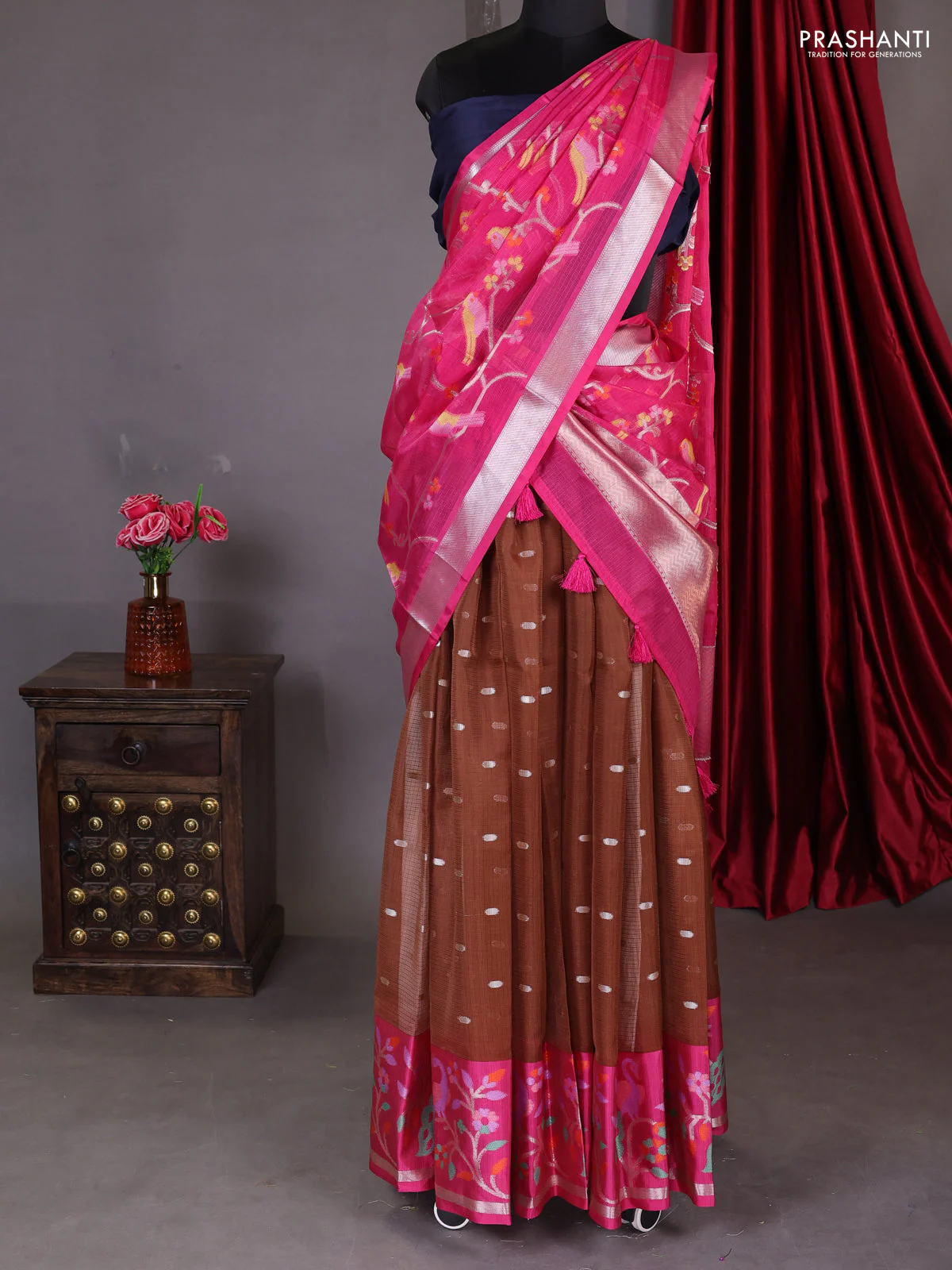 Cotton zari kota unstitched lehenga brown and magenta pink with silver zari buttas & jamdhani weaves