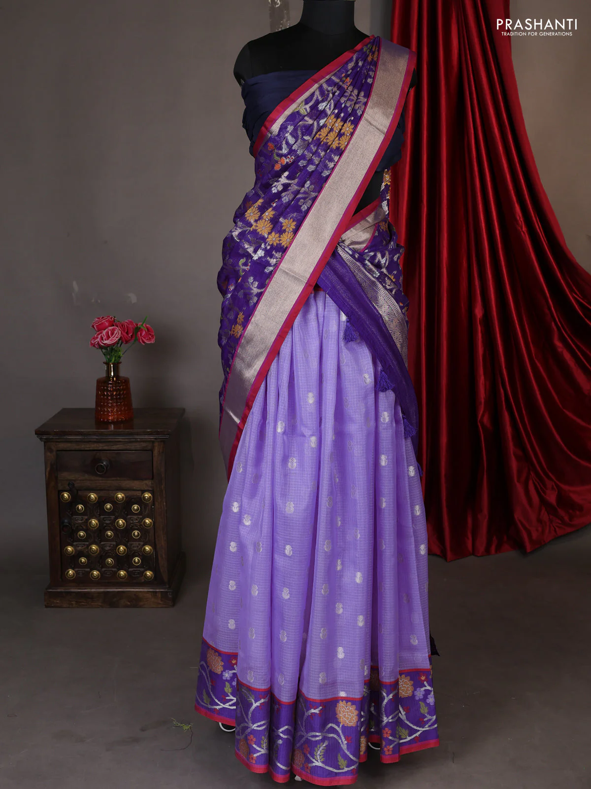 Cotton zari kota unstitched lehenga lavender and violet with silver zari buttas & jamdhani weaves