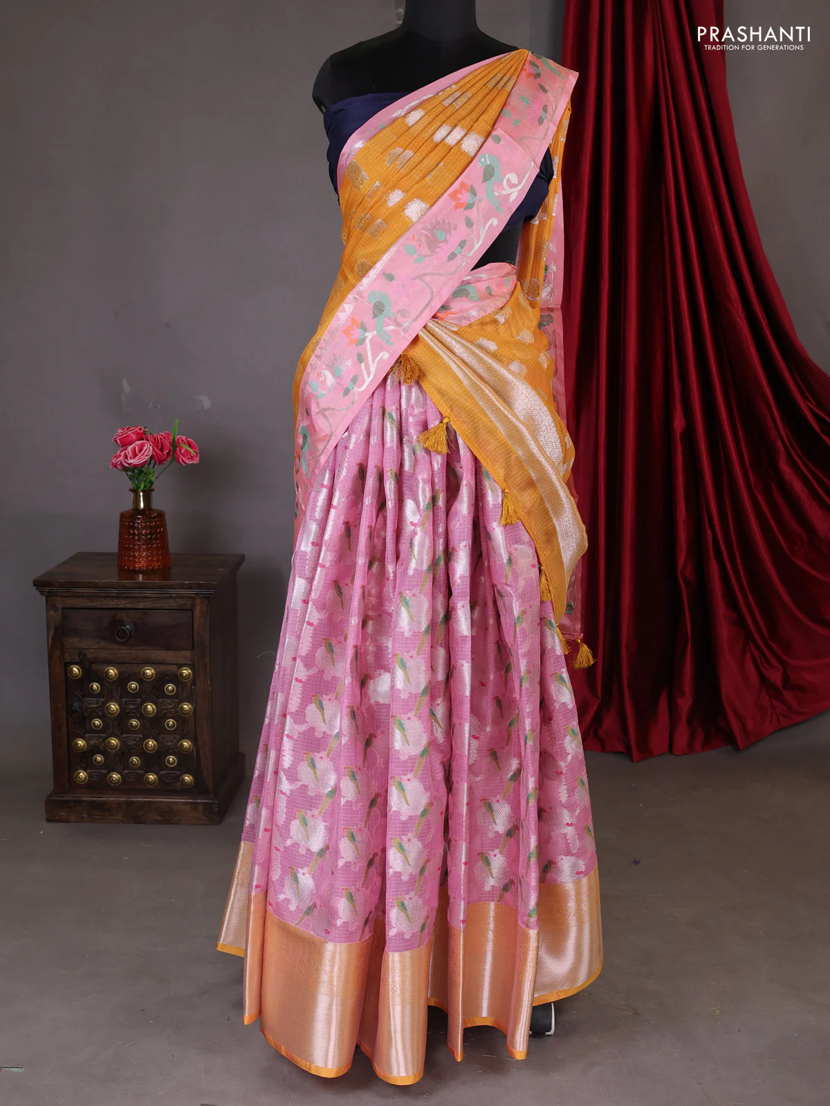 Cotton zari kota unstitched lehenga light pink and mustard yellow with allover jamdhani weaves