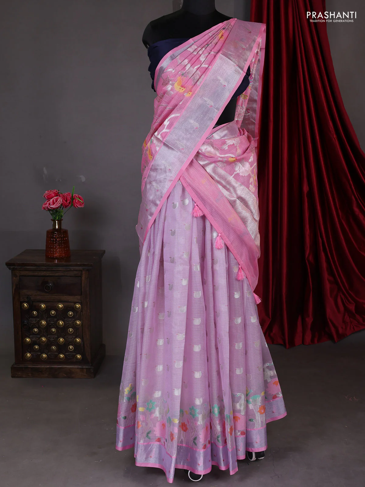 Cotton zari kota unstitched lehenga pastel lavender and light pink with silver zari buttas & jamdhani weaves