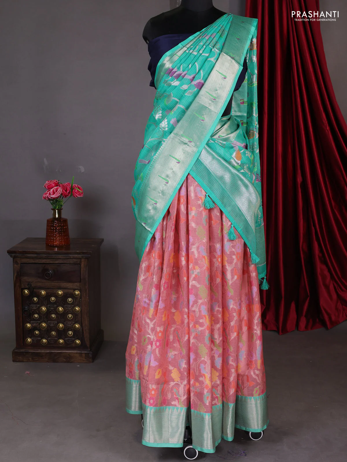 Cotton zari kota unstitched lehenga peach pink and teal green with allover jamdhani weaves