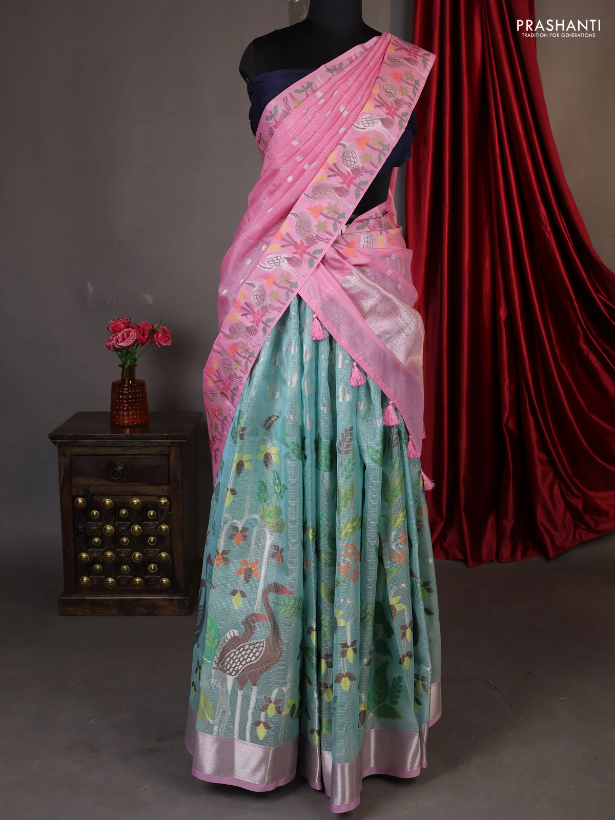 Cotton zari kota unstitched lehenga teal blue and light pink with allover jamdhani weaves