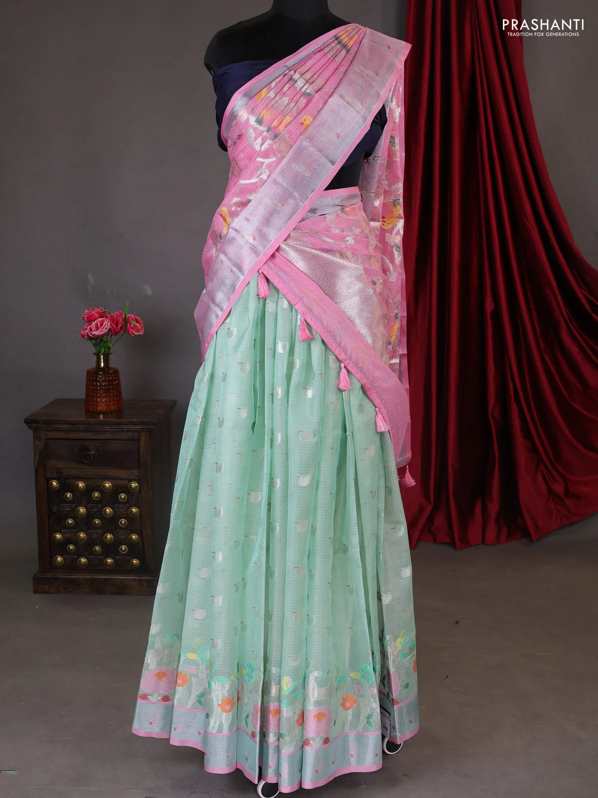 Cotton zari kota unstitched lehenga teal green and light pink with silver zari buttas & jamdhani weaves
