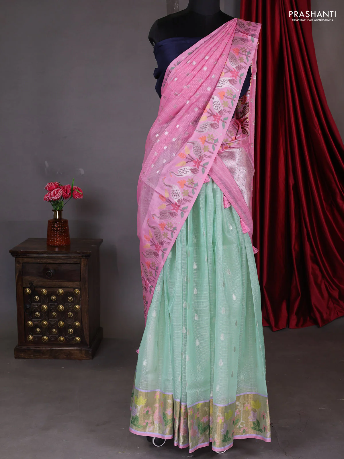 Cotton zari kota unstitched lehenga teal green and peach pink with silver zari buttas & jamdhani weaves