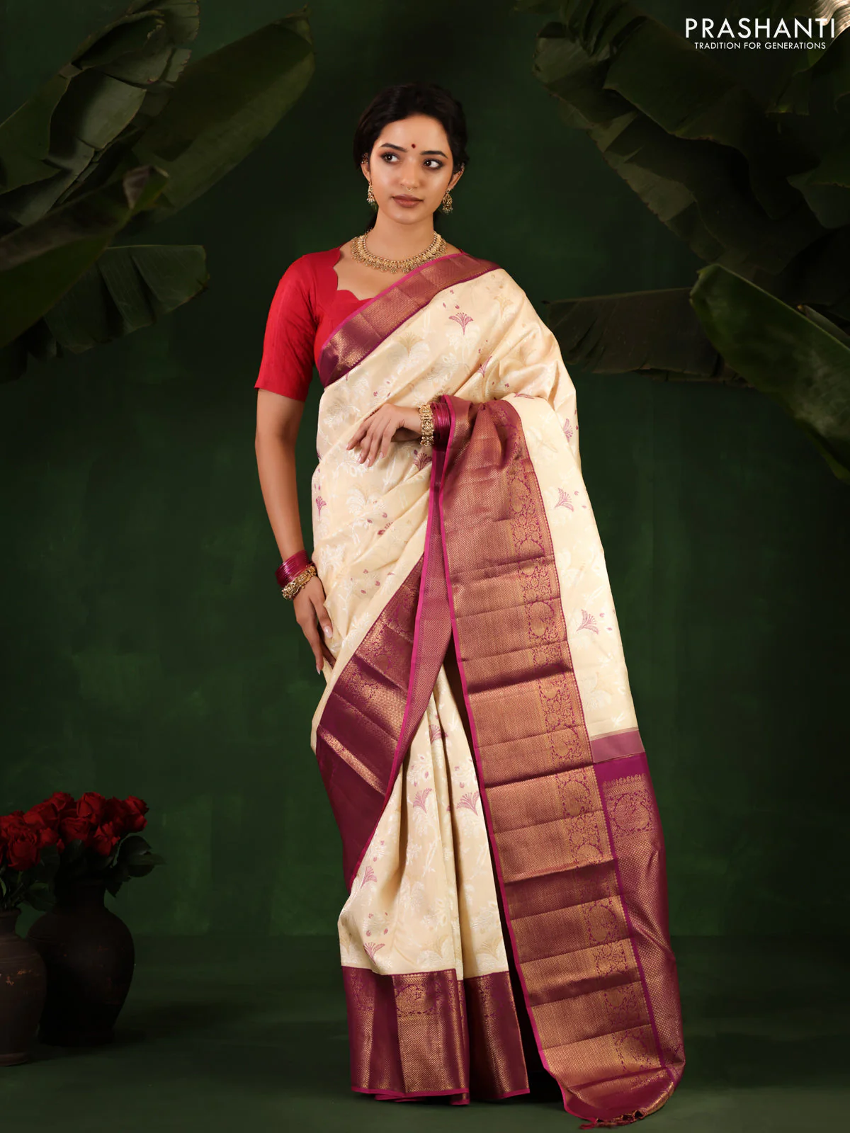 Cream-Purple Pure Kanchipuram Silk Saree With allover Thread & silver zari woven brocade weaves - Image 2