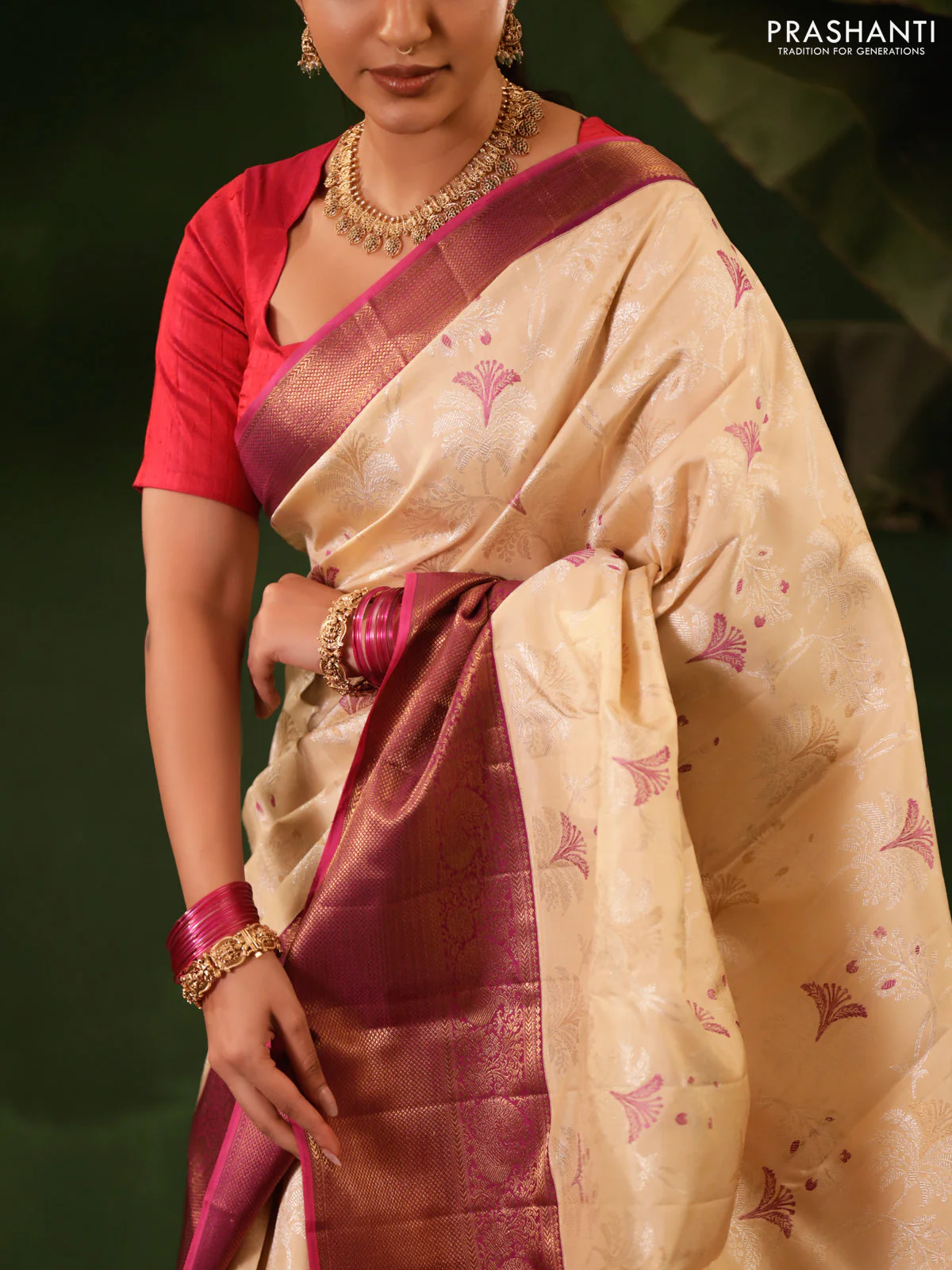 Cream-Purple Pure Kanchipuram Silk Saree With allover Thread & silver zari woven brocade weaves - Image 4
