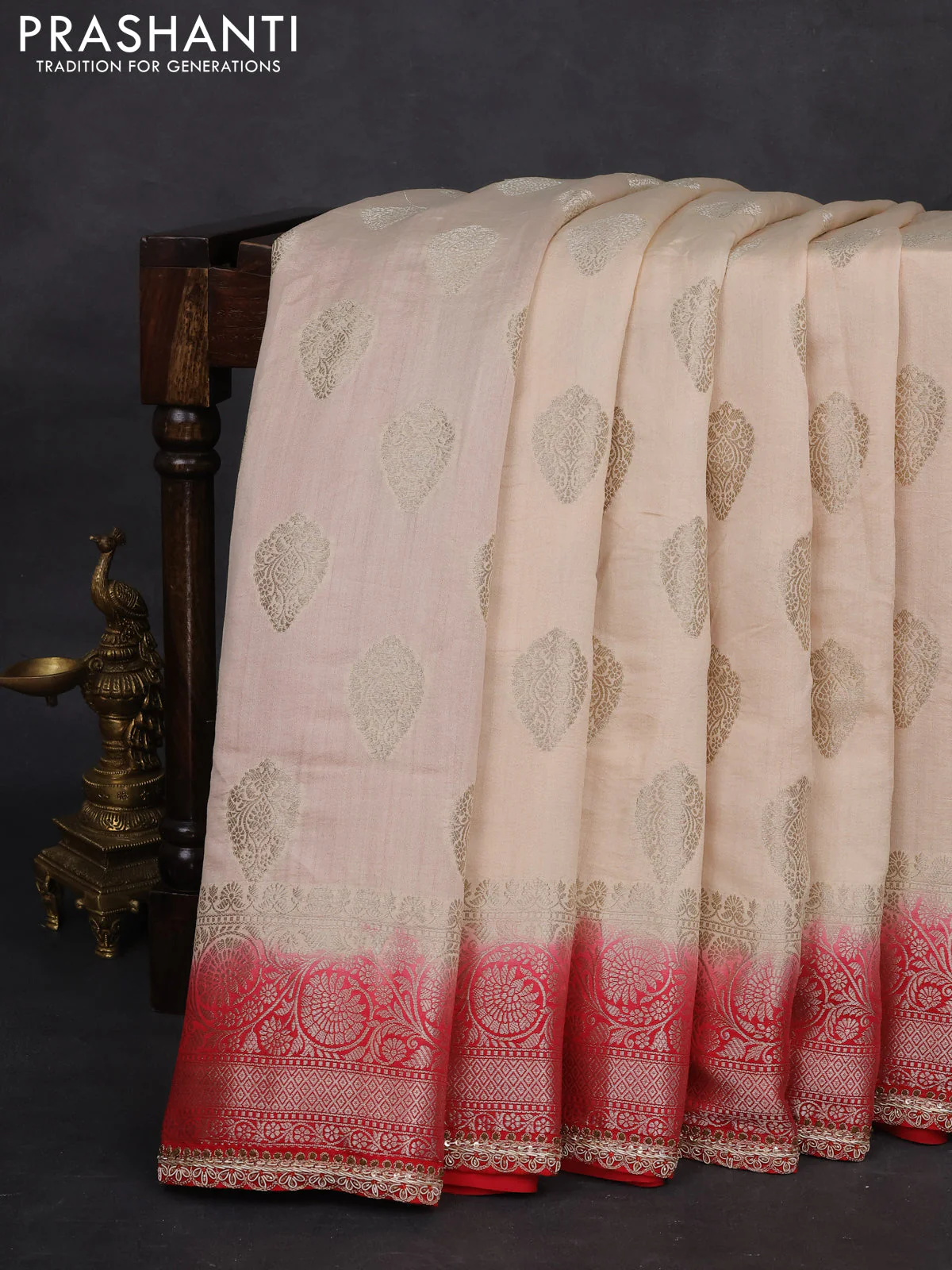 Cream-Red Chiniya silk Saree With silver Zari Buttas & Embroidery Readymade Blouse - Image 8