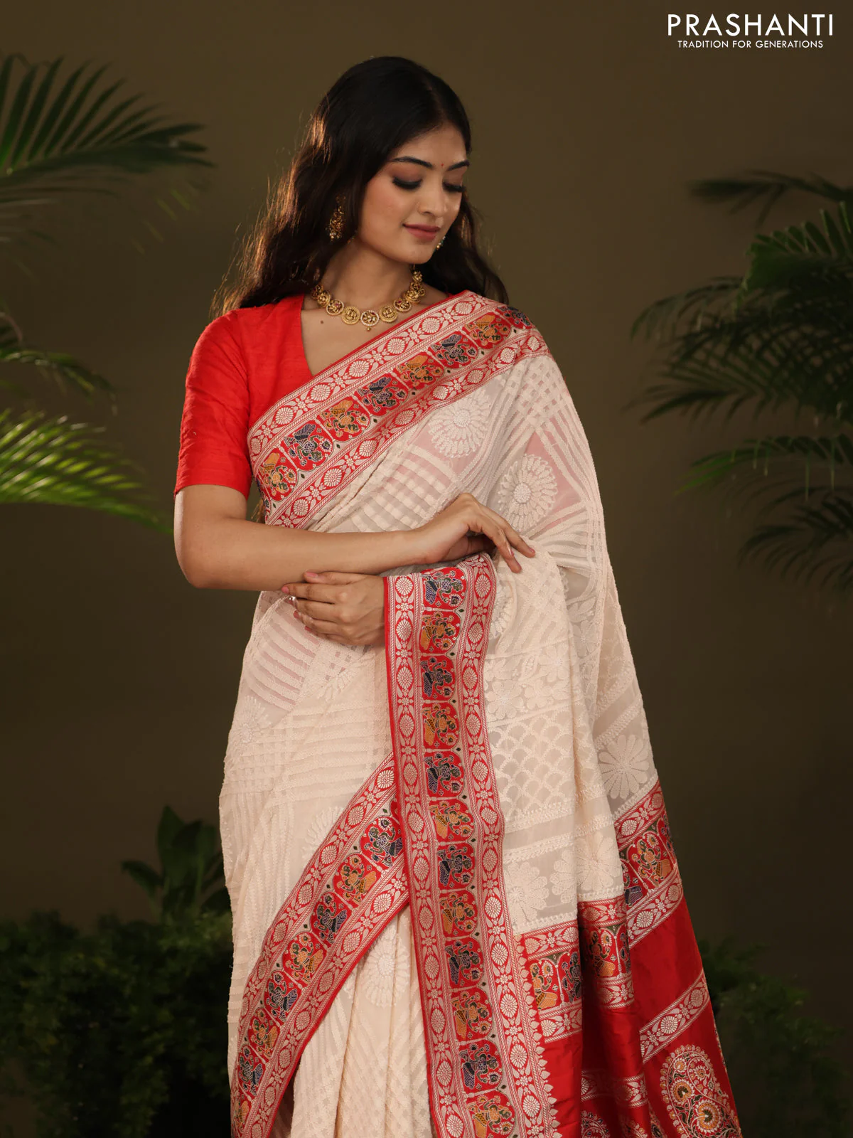 Cream & Red Georgette Saree with Chikankari work & banaras border - Image 3