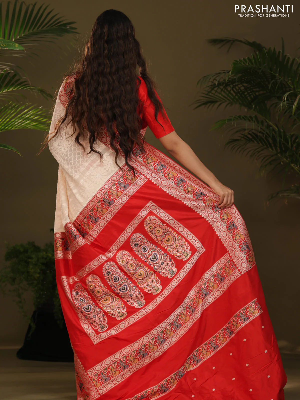 Cream & Red Georgette Saree with Chikankari work & banaras border - Image 4
