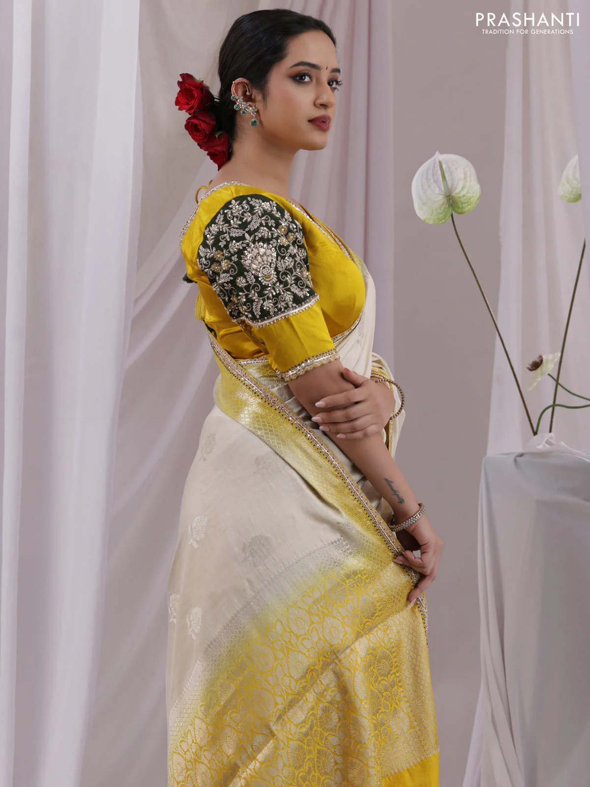 Cream-Yellow Chiniya silk Saree With silver Zari Buttas & Embroidery Readymade Blouse - Image 2