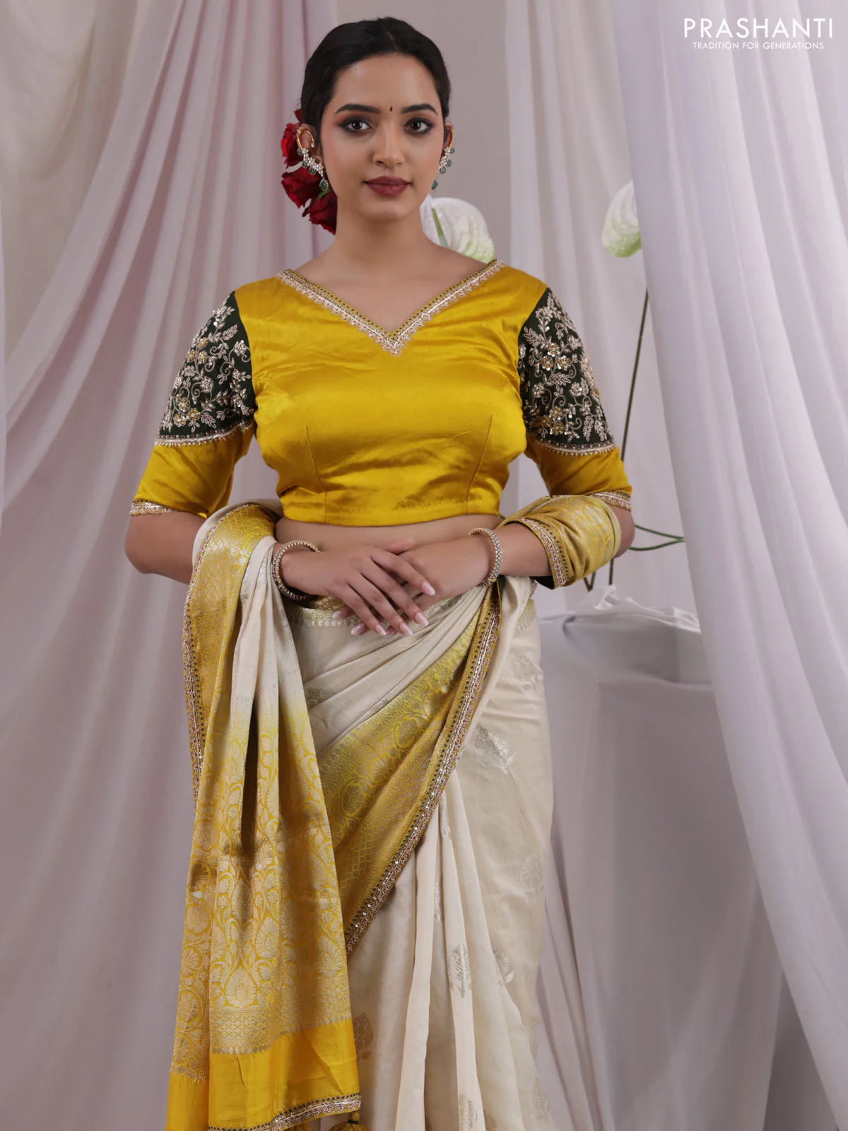 Cream-Yellow Chiniya silk Saree With silver Zari Buttas & Embroidery Readymade Blouse - Image 3