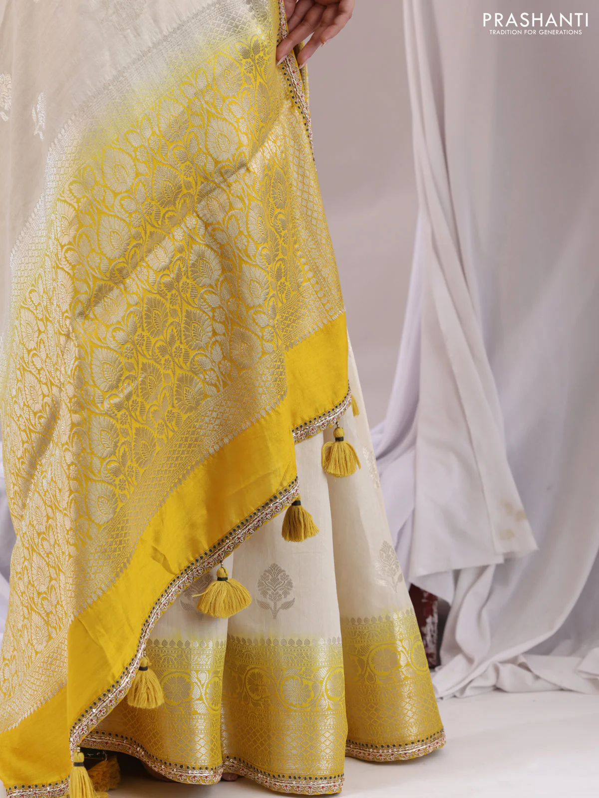 Cream-Yellow Chiniya silk Saree With silver Zari Buttas & Embroidery Readymade Blouse - Image 5
