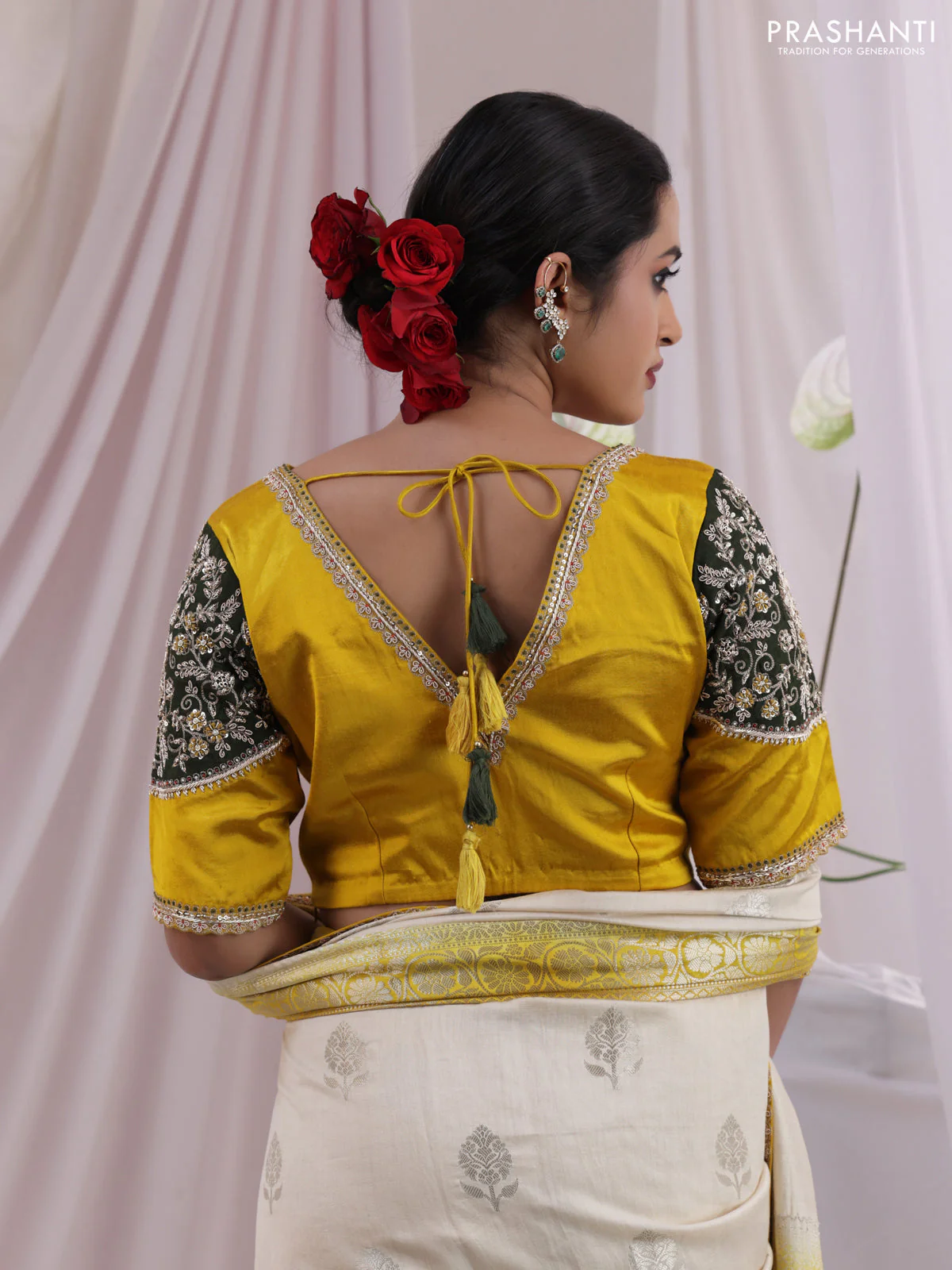 Cream-Yellow Chiniya silk Saree With silver Zari Buttas & Embroidery Readymade Blouse - Image 6
