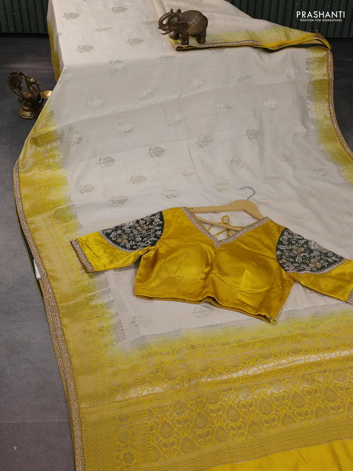 Cream-Yellow Chiniya silk Saree With silver Zari Buttas & Embroidery Readymade Blouse - Image 7