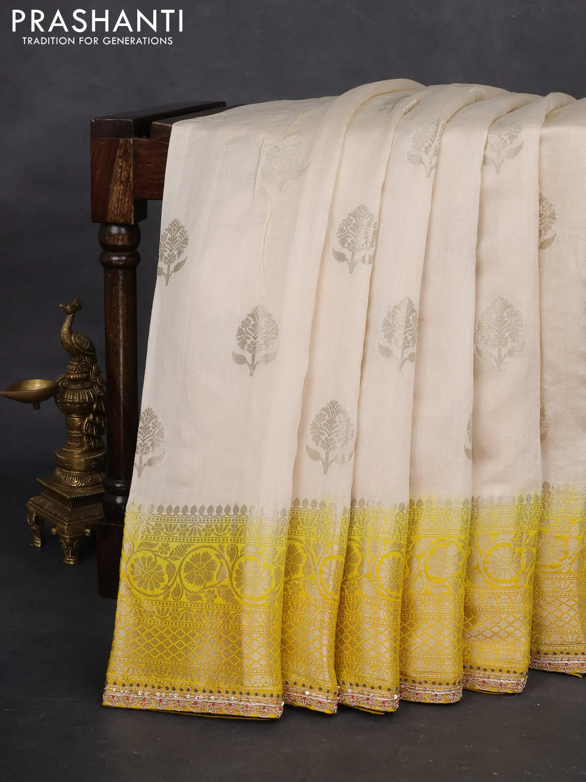 Cream-Yellow Chiniya silk Saree With silver Zari Buttas & Embroidery Readymade Blouse - Image 8