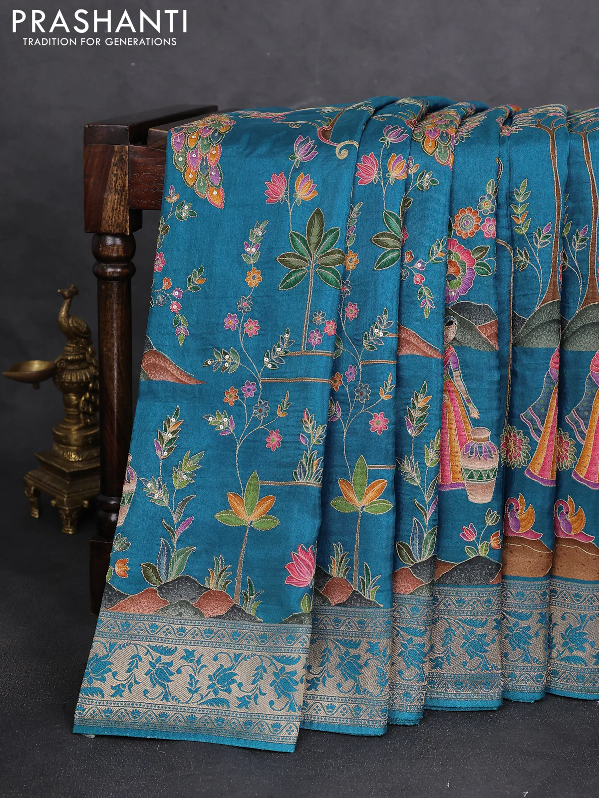 Crepe silk saree cs blue with allover mina weaves & sequin work and zari woven border - Image 2