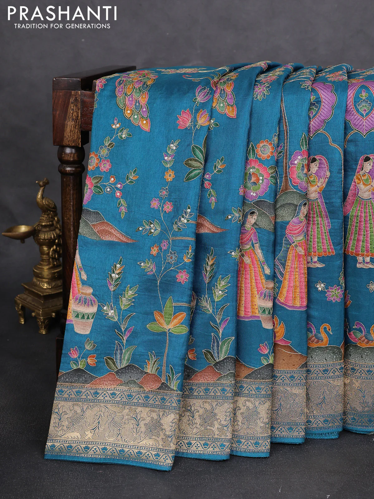 Crepe silk saree peaccock blue with allover mina weaves & sequin work and zari woven border - Image 2