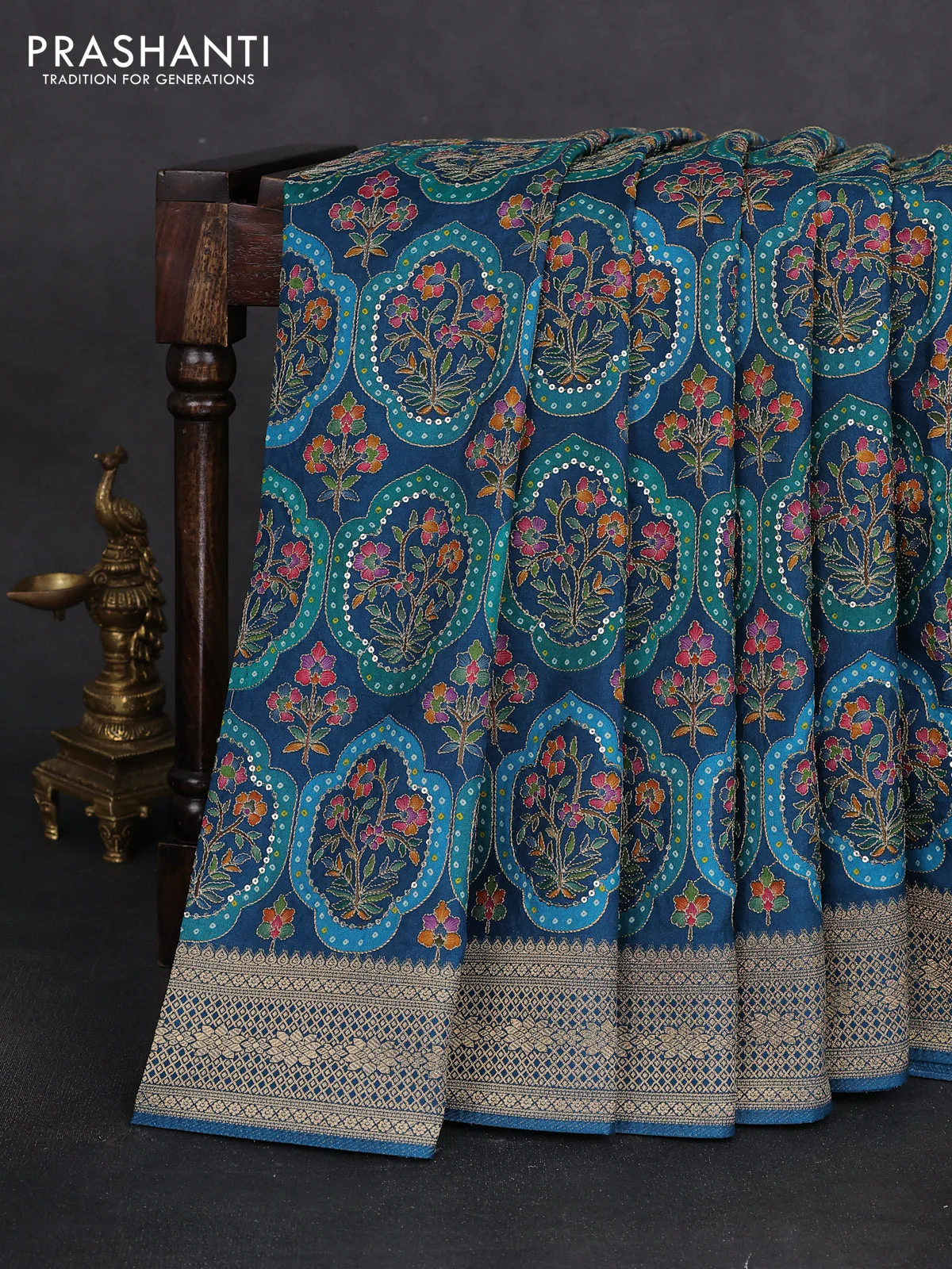 Crepe silk saree peacock blue with allover mina weaves & sequin work and zari woven border - Image 2