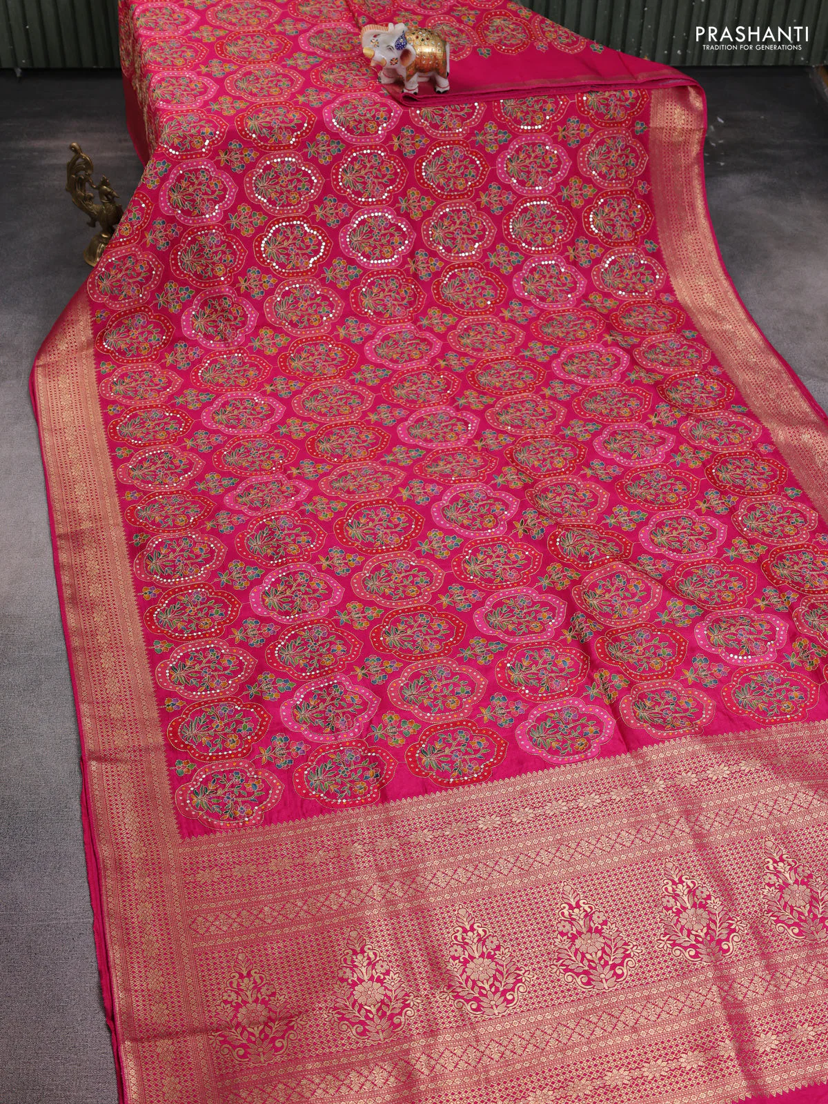 Crepe silk saree pink with allover bandhani mina weaves & sequin work and zari woven border