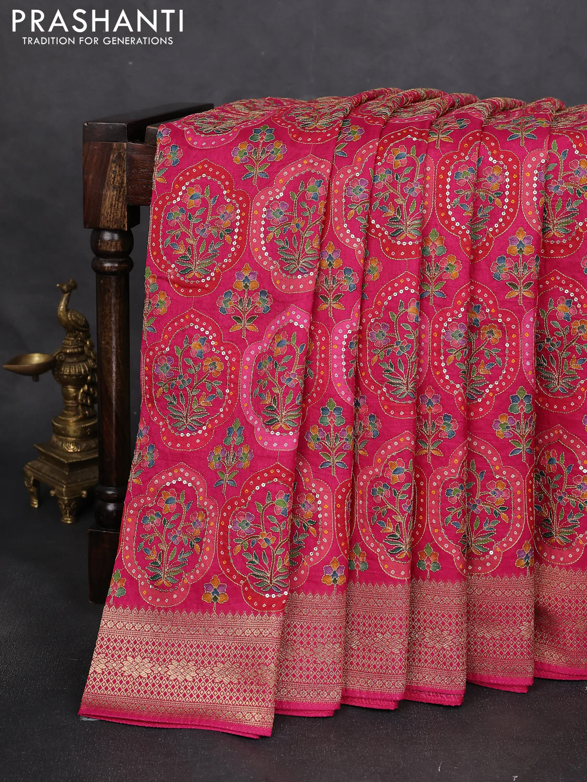 Crepe silk saree pink with allover bandhani mina weaves & sequin work and zari woven border - Image 2