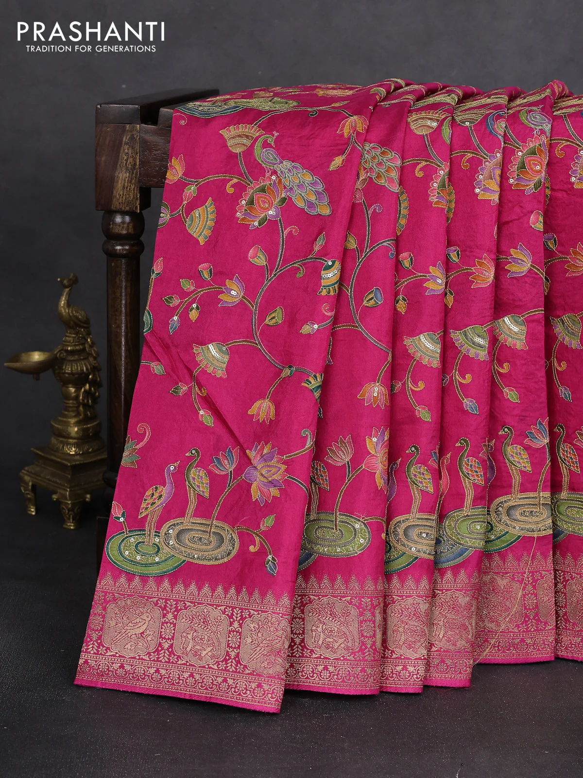 Crepe silk saree pink with allover mina weaves & sequin work and zari woven border - Image 2