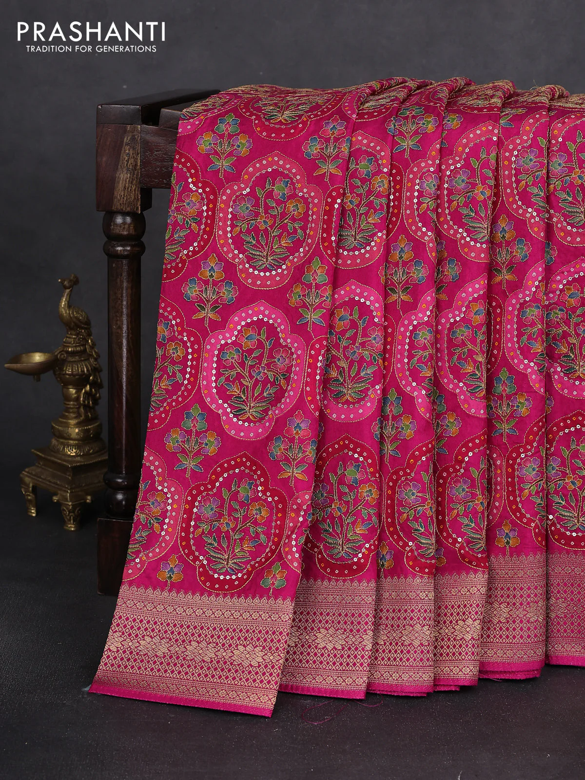 Crepe silk saree pink with allover mina weaves & sequin work and zari woven border - Image 2