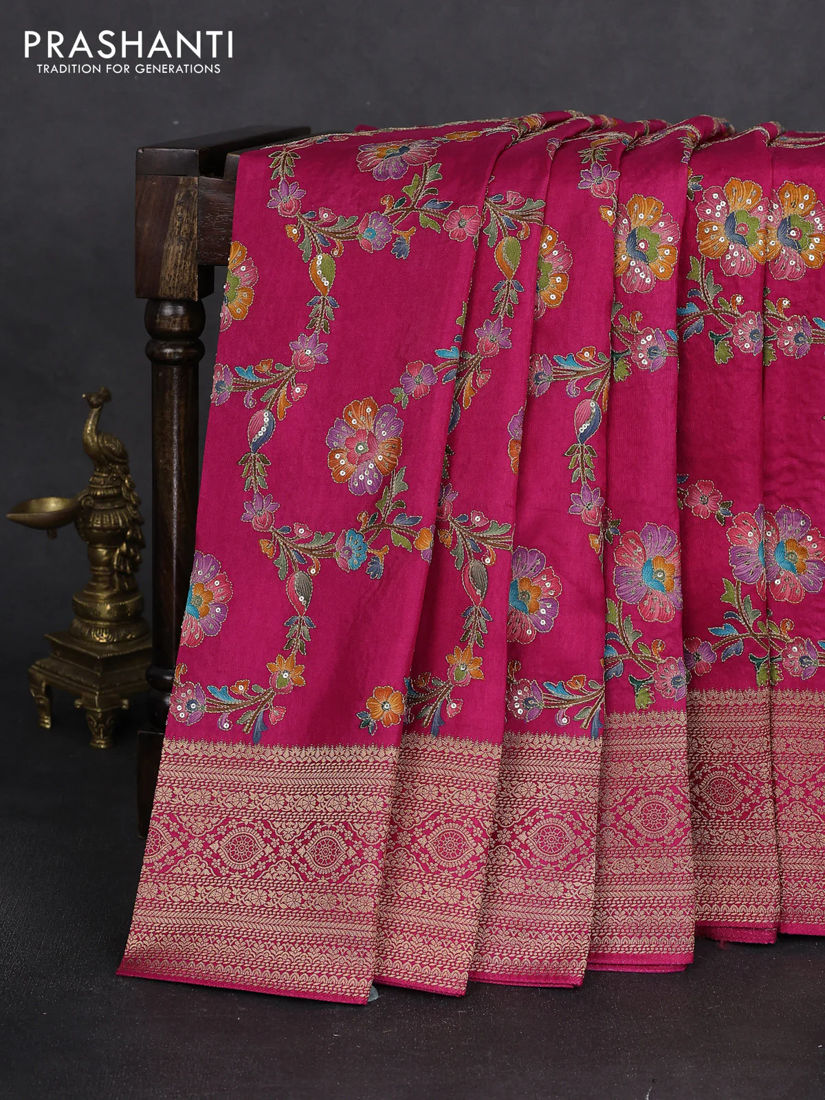 Crepe silk saree pink with allover mina weaves & sequin work and zari woven border - Image 2