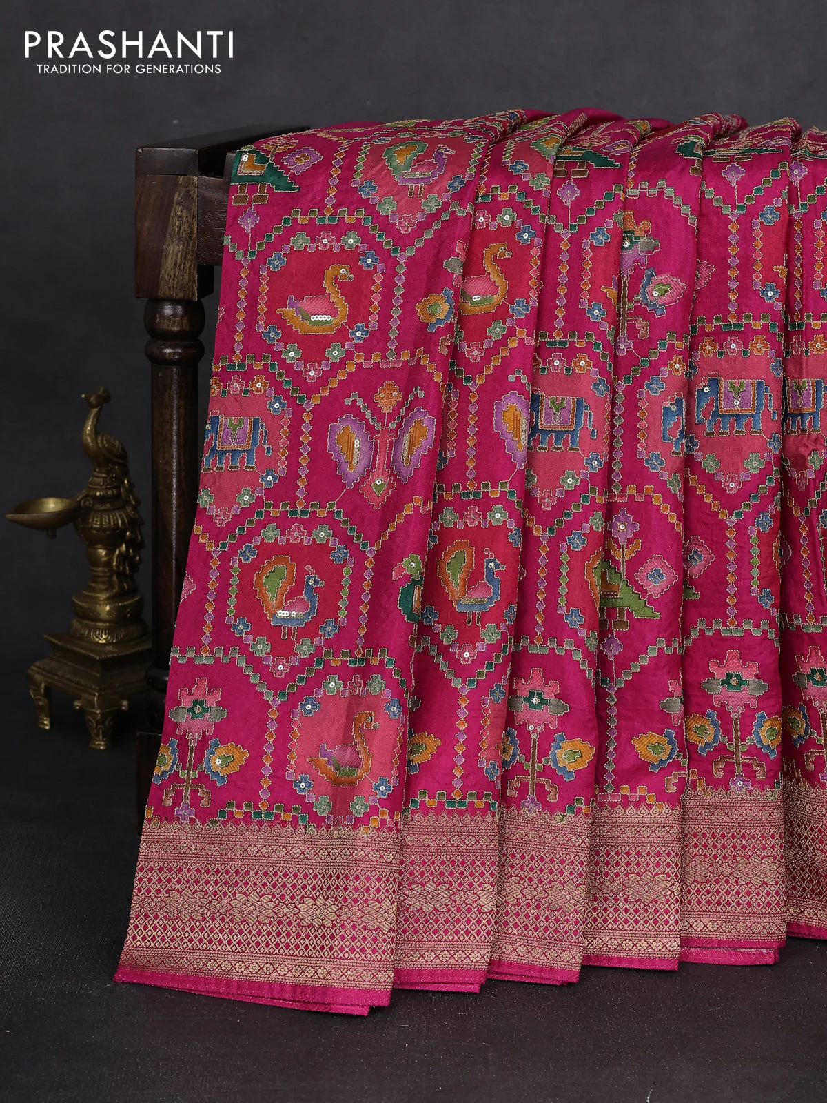 Crepe silk saree pink with allover mina weaves & sequin work and zari woven border - Image 2