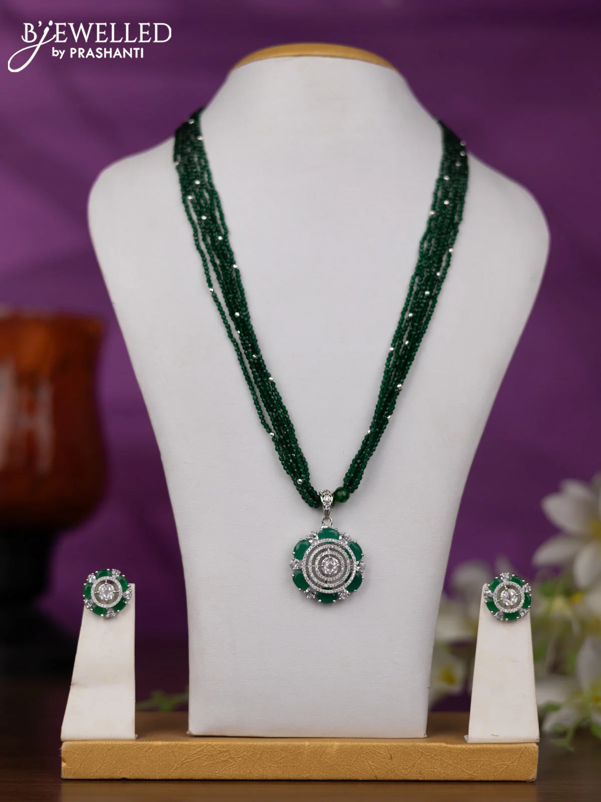 Crstal beaded green necklace with emerald and cz stones