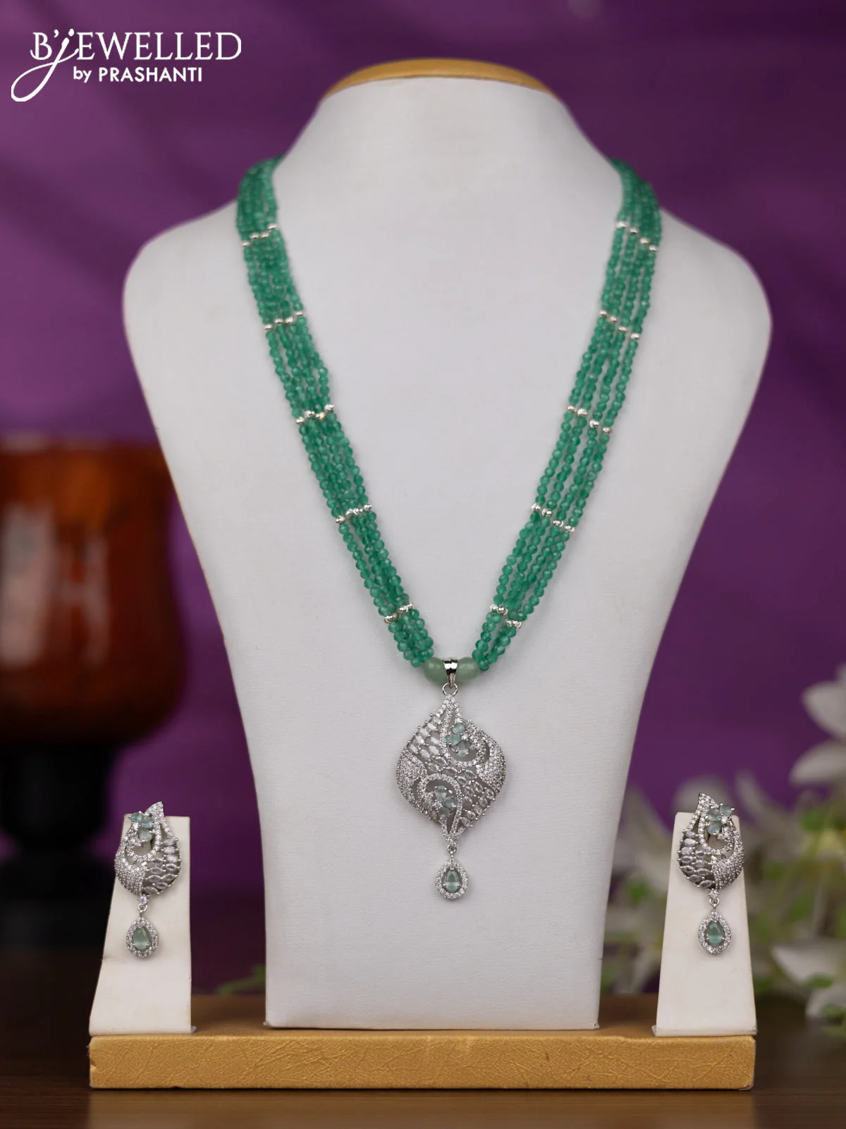 Crstal beaded mint green necklace with cz stones