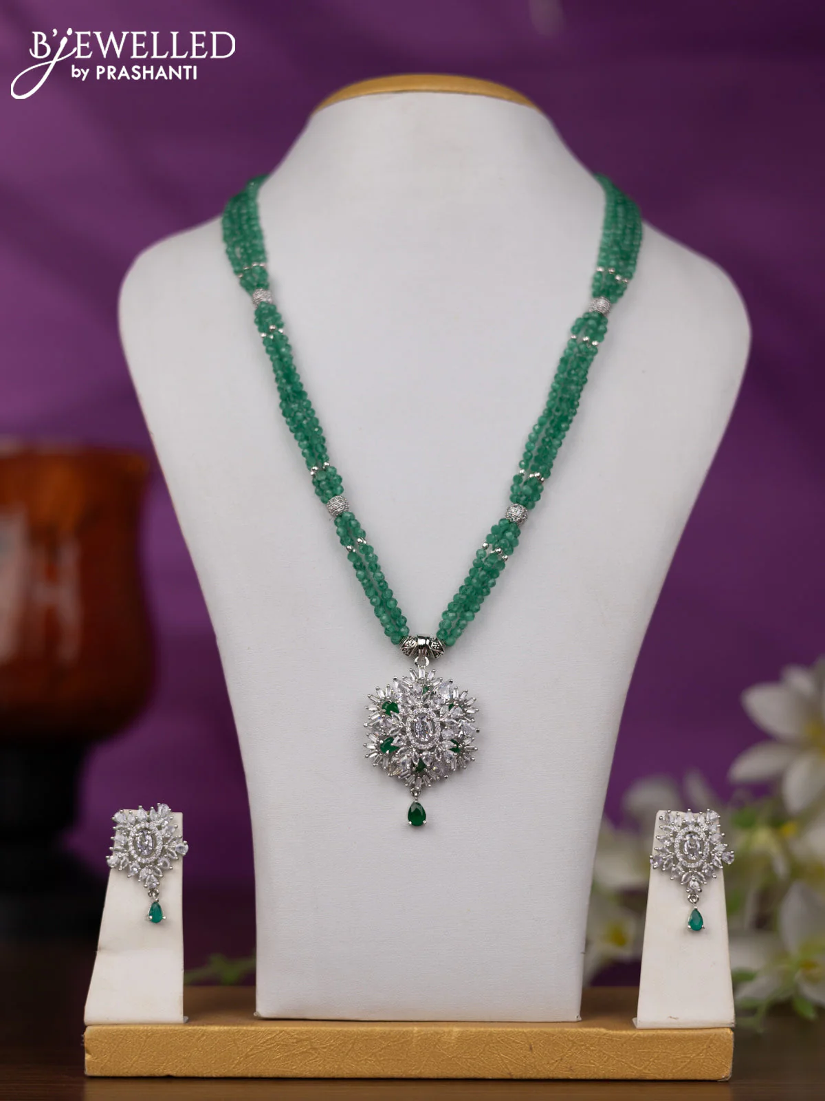 Crstal beaded mint green necklace with emerald and cz stones