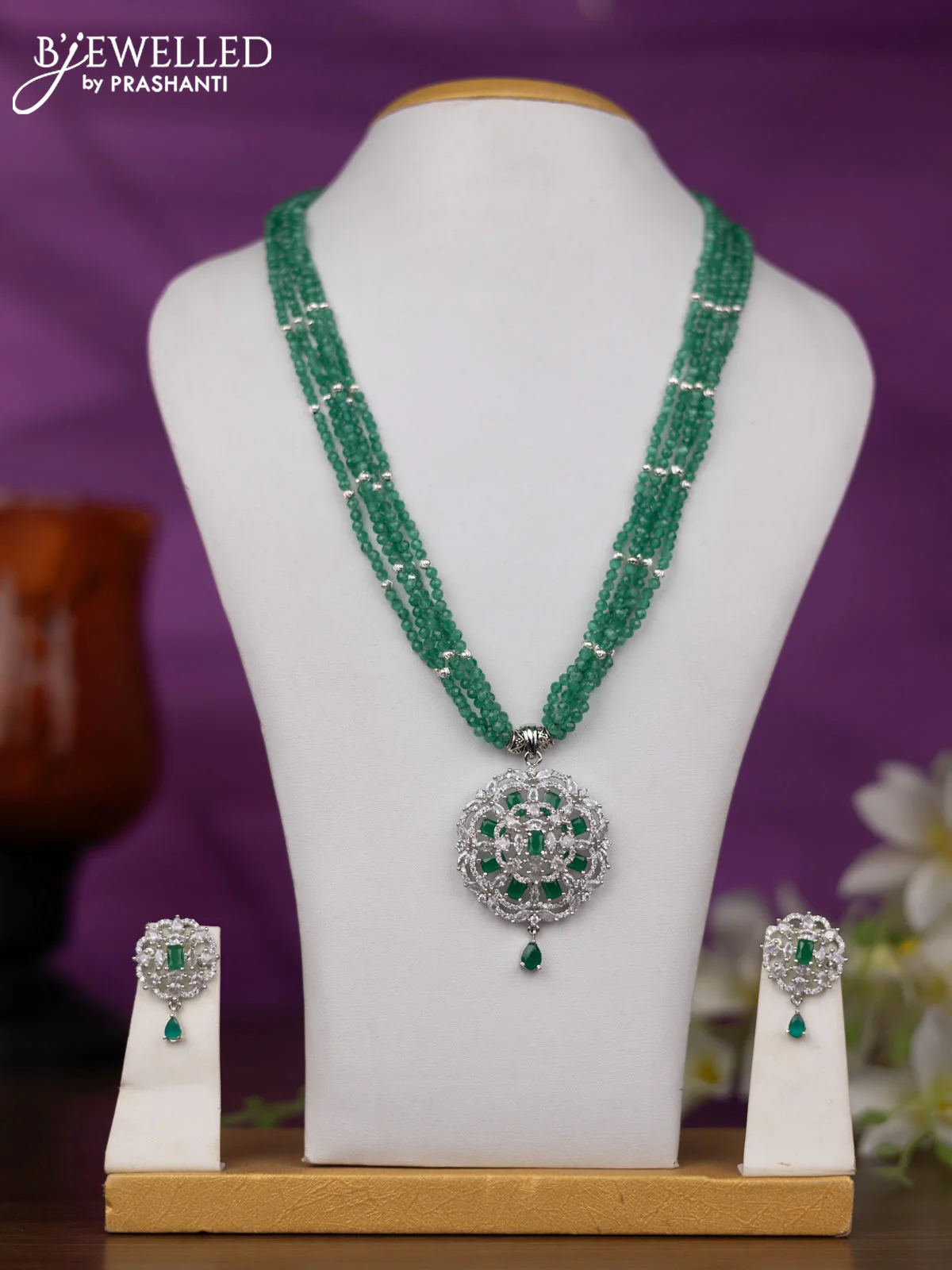Crstal beaded mint green necklace with emerald and cz stones