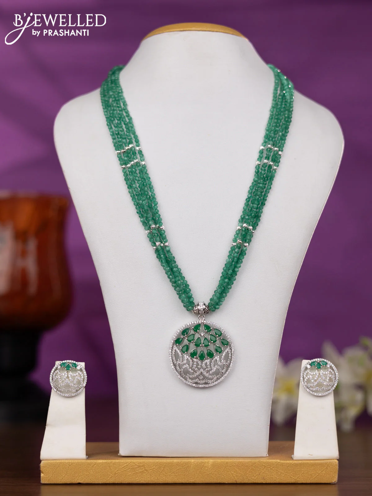 Crstal beaded mint green necklace with emerald and cz stones