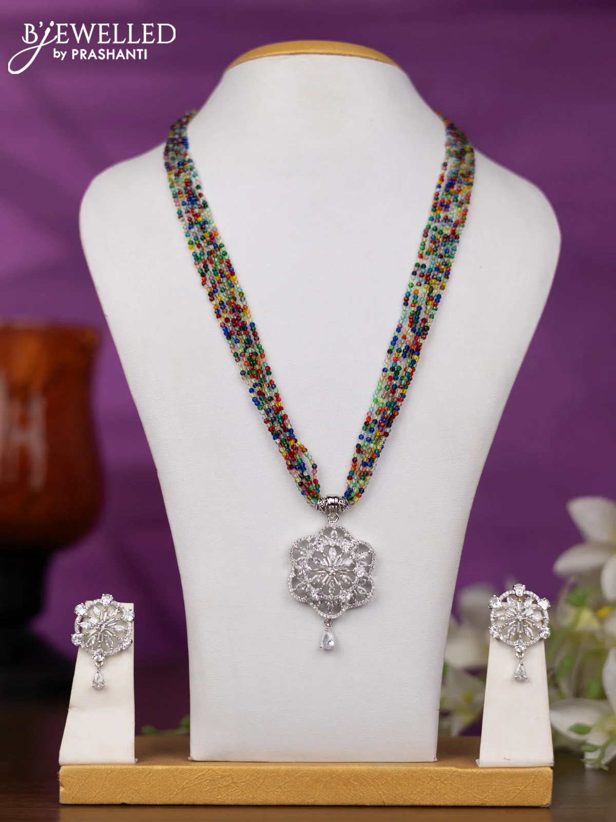 Crstal beaded multicolour necklace with cz stones and hanging