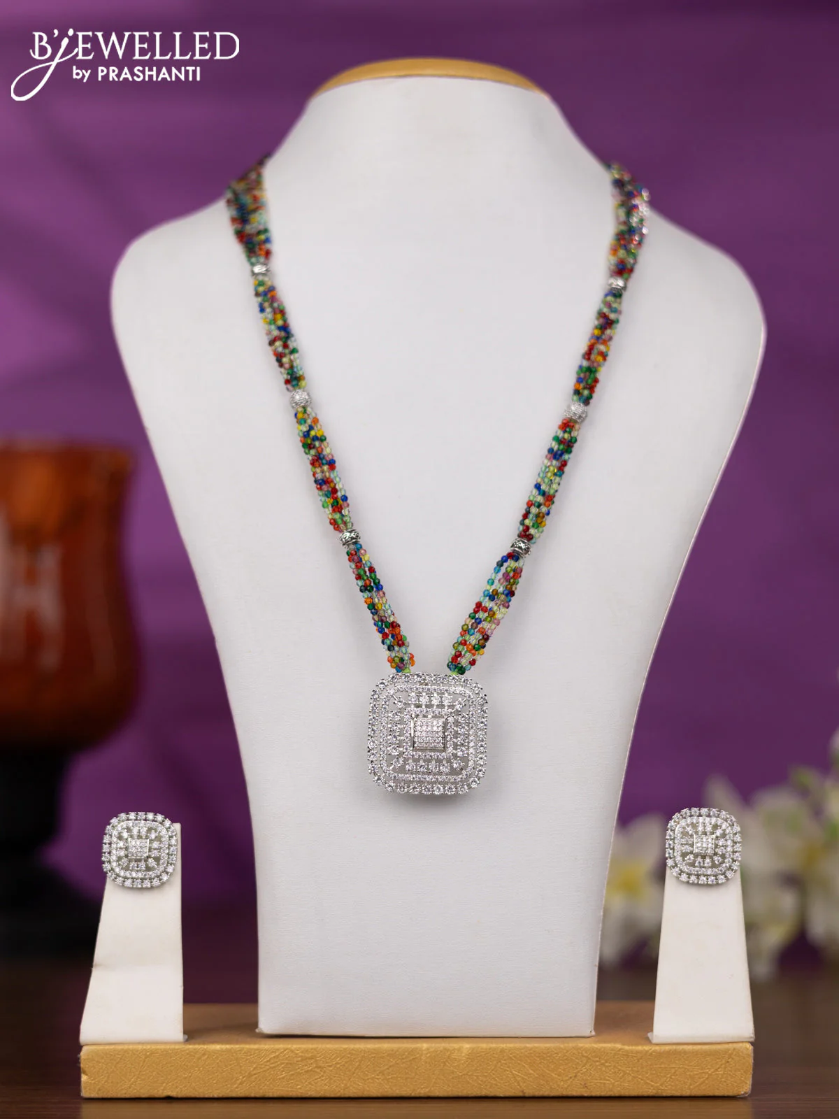 Crstal beaded multicolour necklace with cz stones