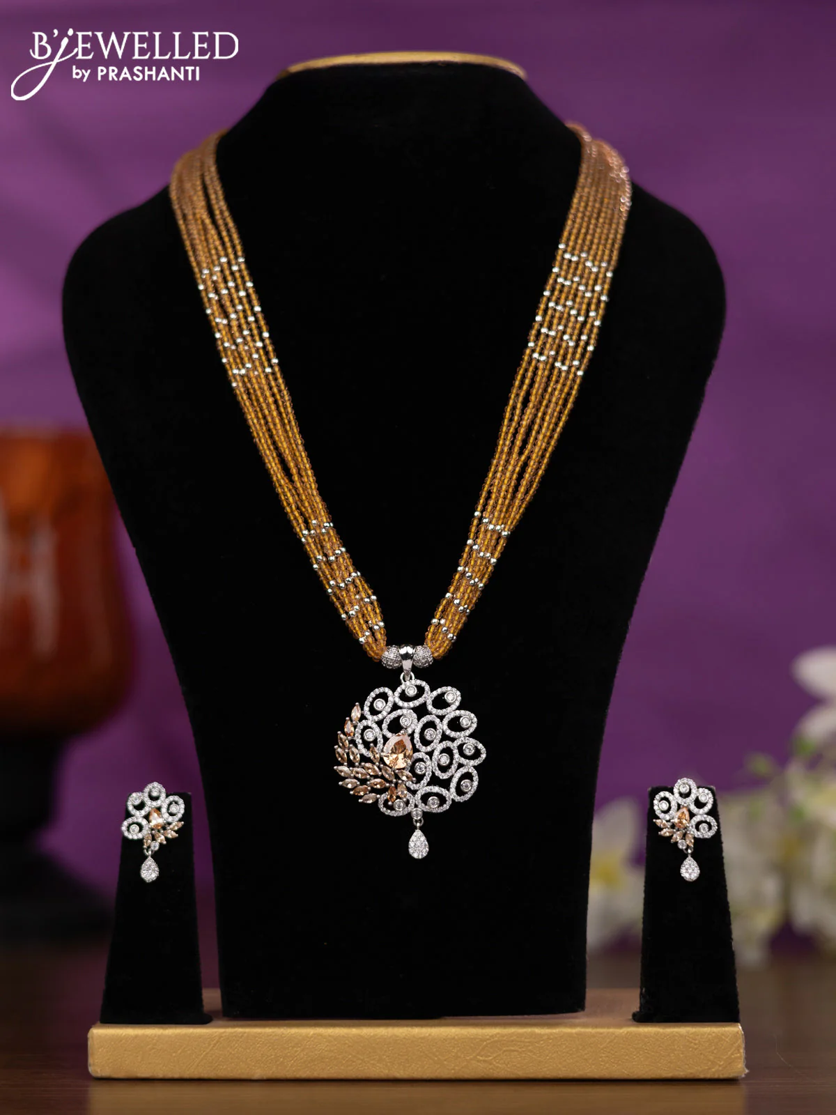 Crstal beaded peach orange necklace with cz stones