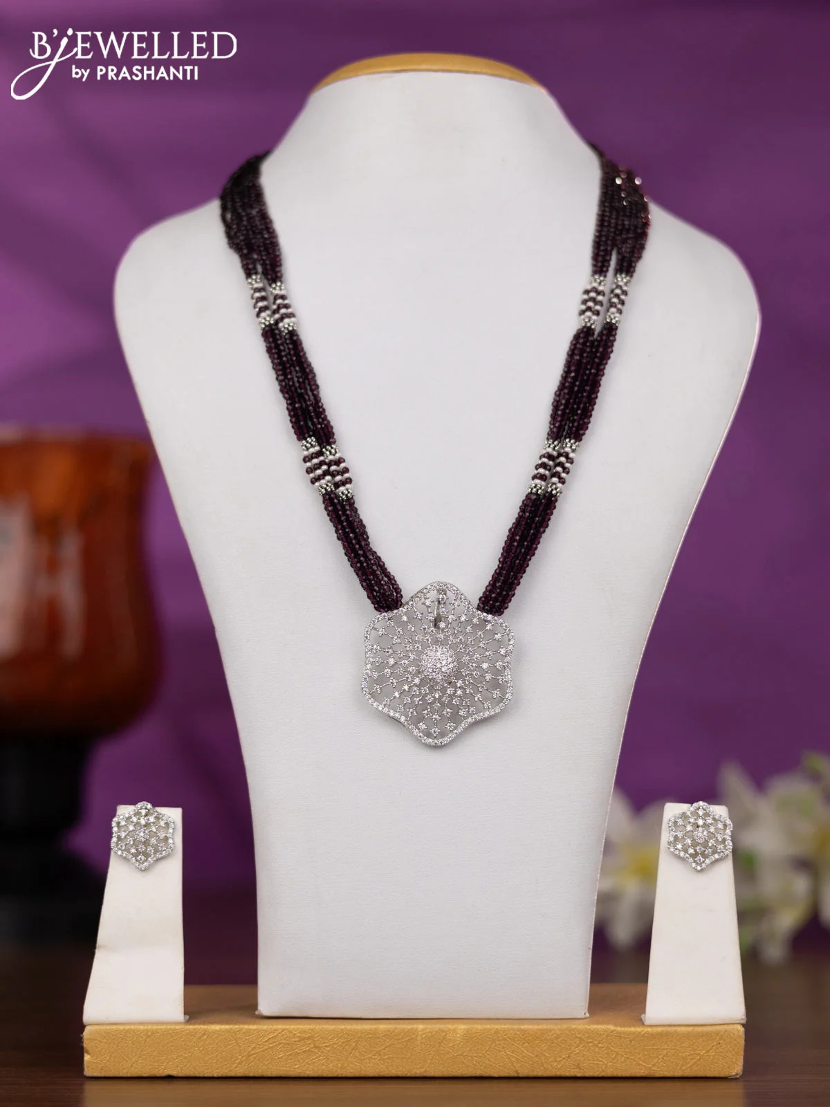 Crstal beaded wine necklace with cz stones