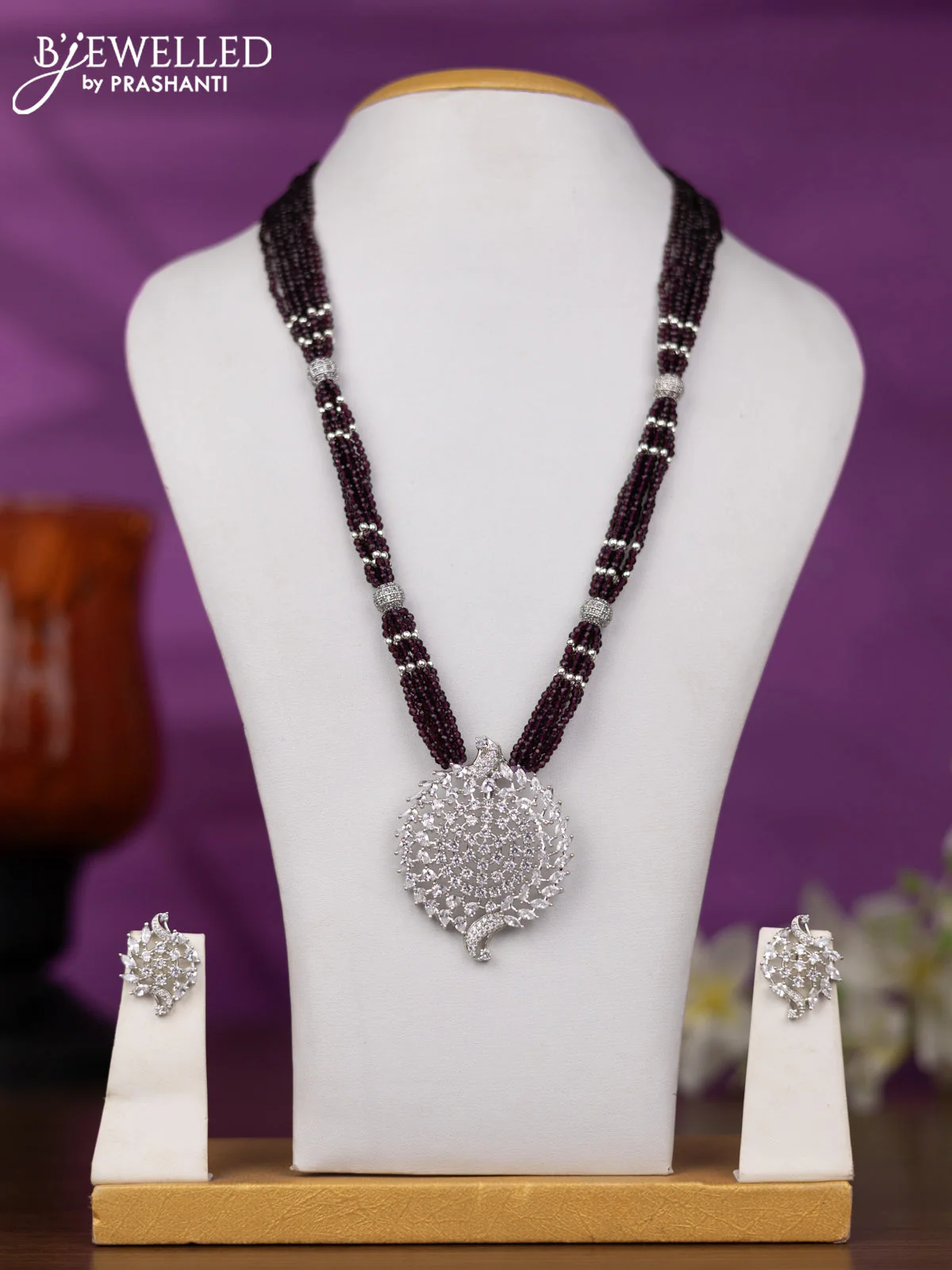 Crstal beaded wine necklace with cz stones