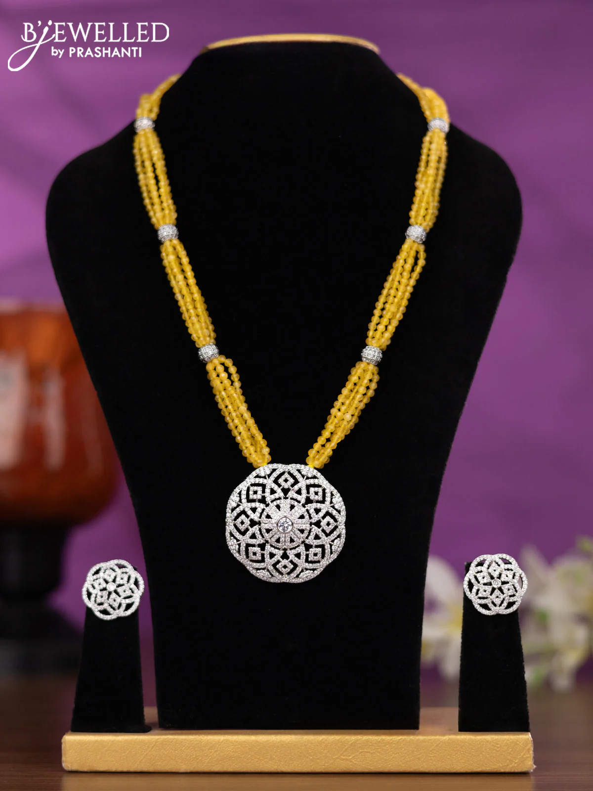 Crstal beaded yellow necklace with cz stones